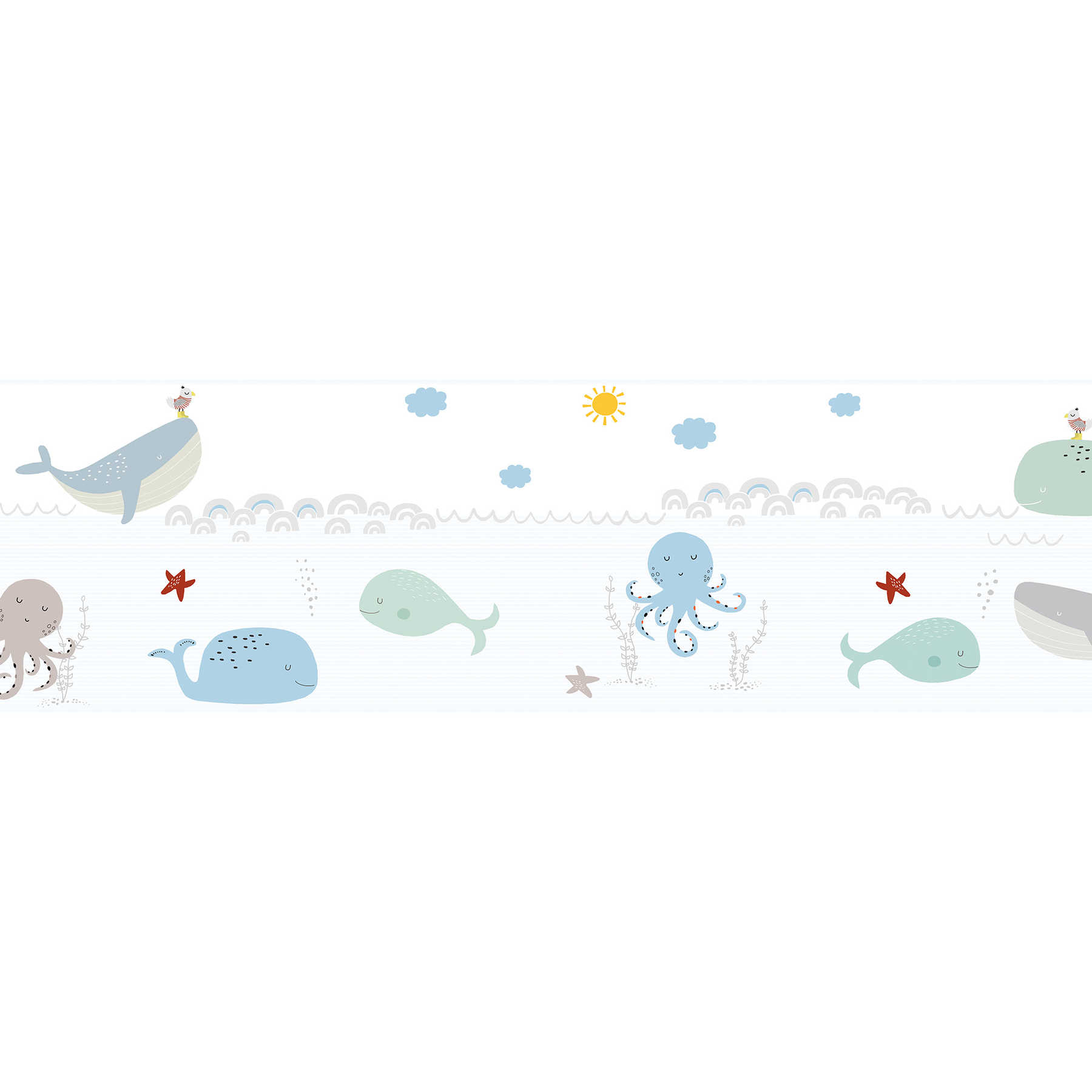         Nursery border "Loving sea creatures" for babies - green, blue, white
    