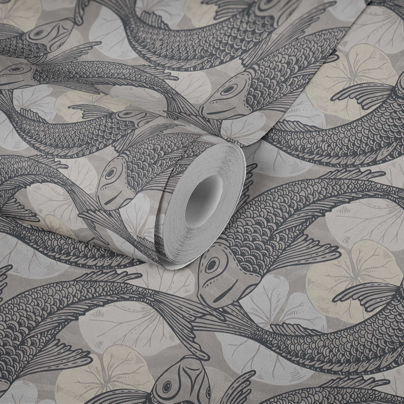             Papier peint Asian Design avec motif Koi & effet métallique - beige, gris, noir
        