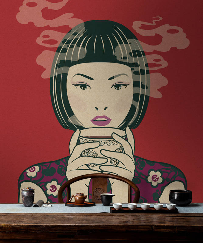             Akari 1 - Tijd voor thee, manga stijl op fotobehang - kartonnen structuur - beige, rood | matte gladde vlieseline
        