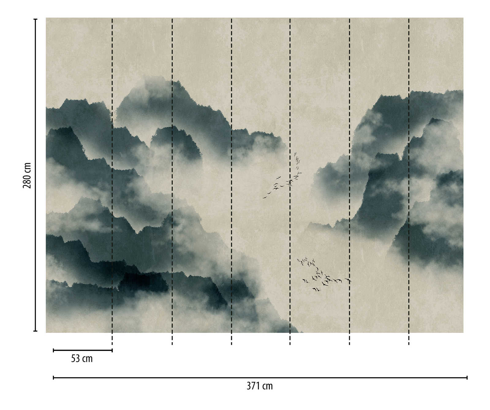             Behang nieuwigheid | aquarel motief behang met bergen, mist & zwerm vogels
        