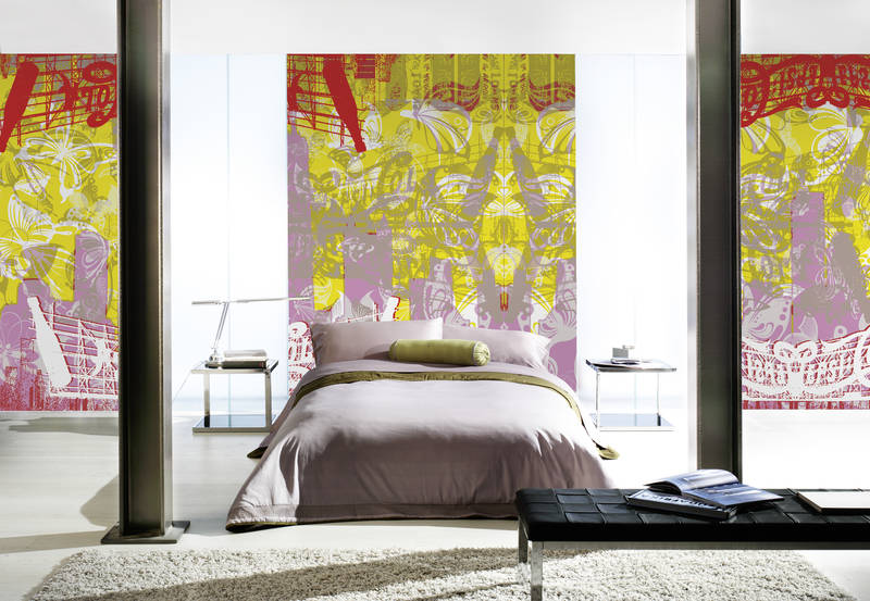             Papel pintado fotográfico de colores para habitación juvenil con mezcla de motivos
        