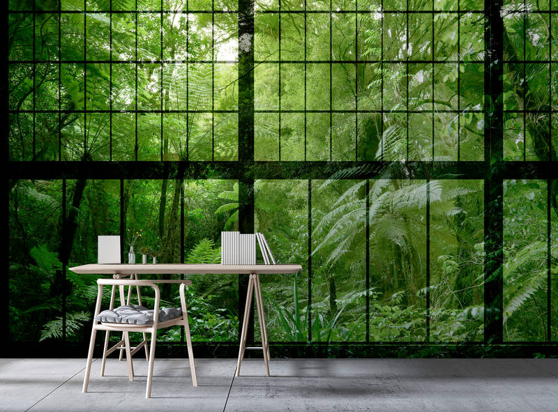             Rainforest 2 - Loft raamschildering met uitzicht op de jungle - Groen, Zwart | Matte gladde fleece
        
