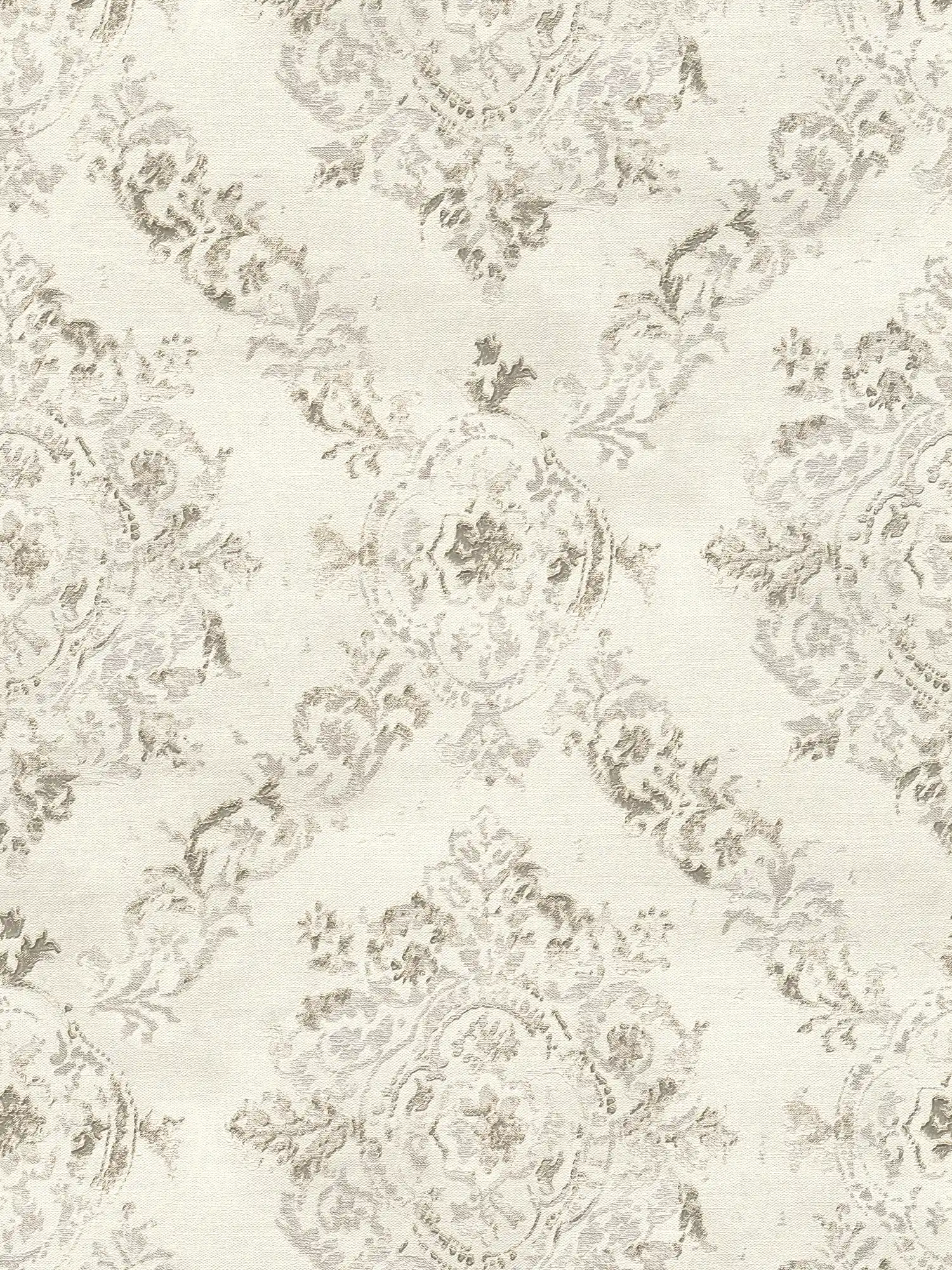 Papel pintado ornamental con estructura de lino en aspecto vintage - metálico, crema, beige
