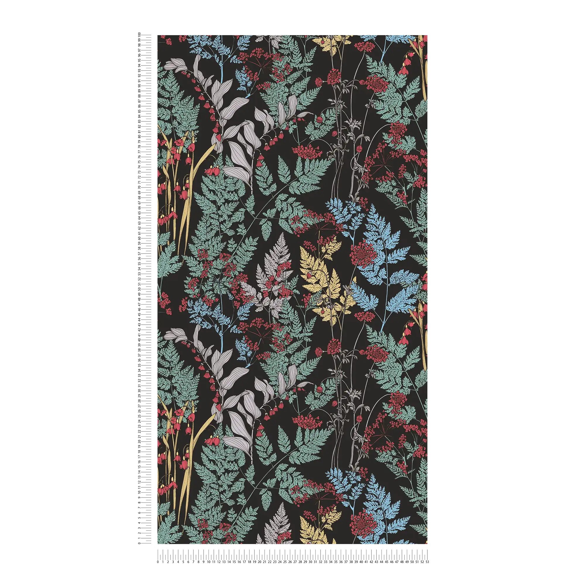             Non-woven wallpaper flowers & leaves motif in drawing style - black, green, yellow
        