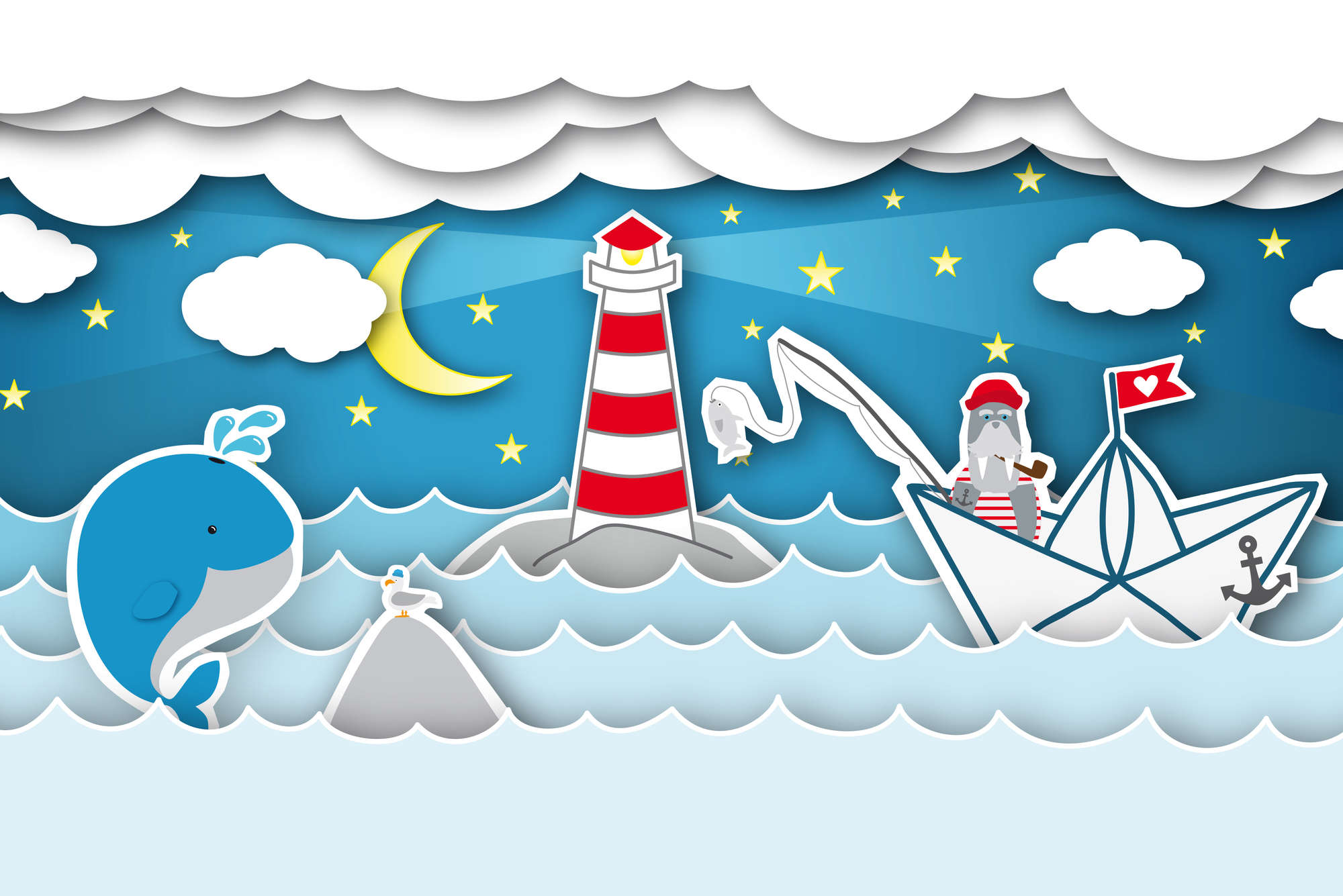             Children mural sea at night with lighthouse and sea bear on premium smooth nonwoven
        