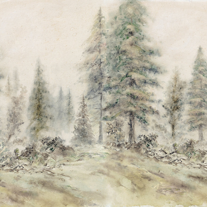         Forest mural, trees & landscape in watercolour style - brown, green, beige
    