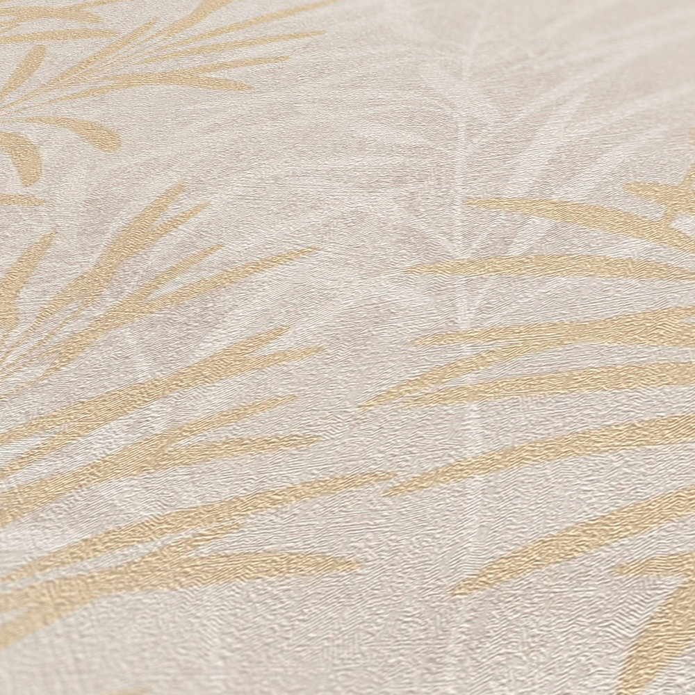             Non-woven wallpaper with floral palm tree pattern - cream, grey, gold
        