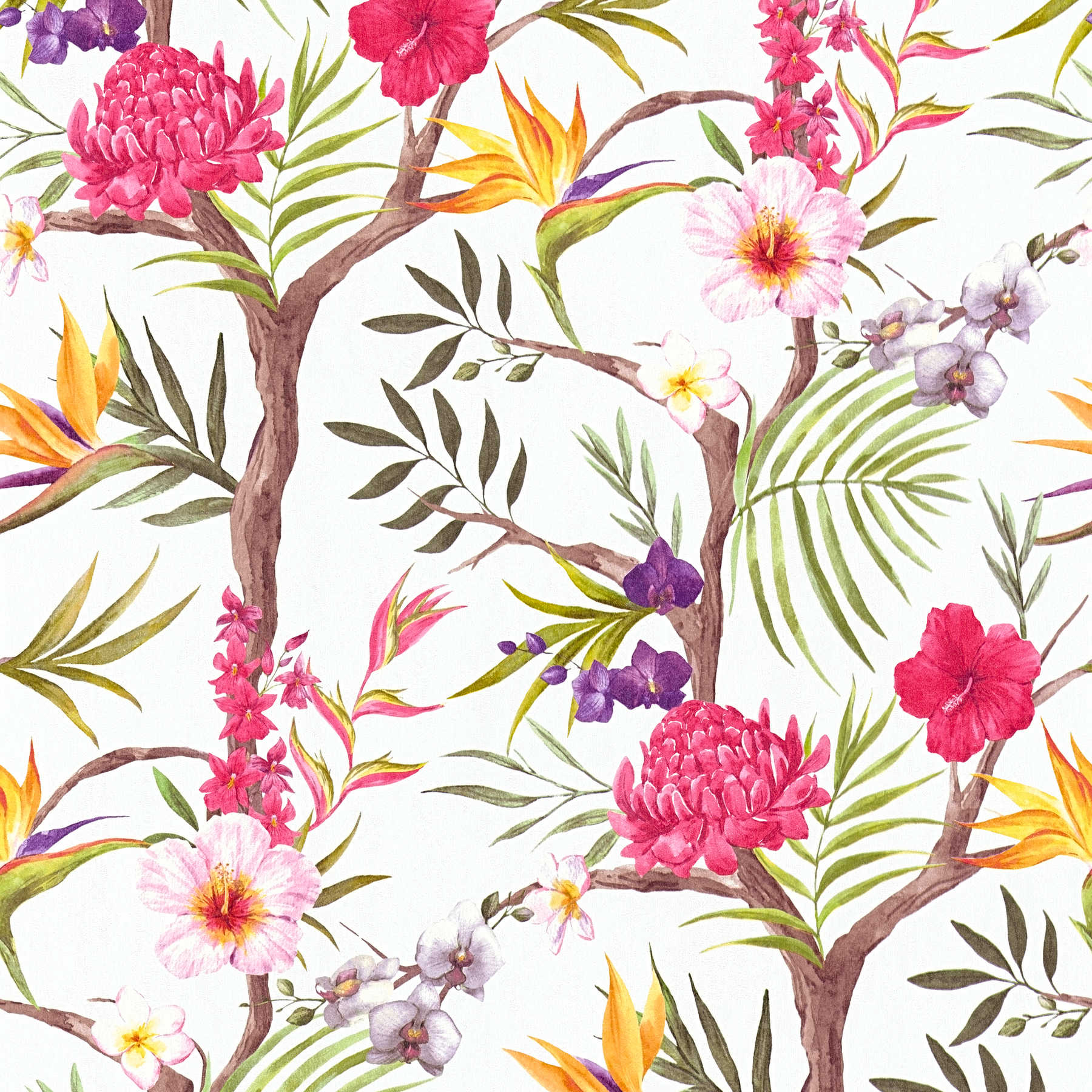         Jungle flowers non-woven wallpaper in vivid colours - colourful, red, yellow, brown, green
    