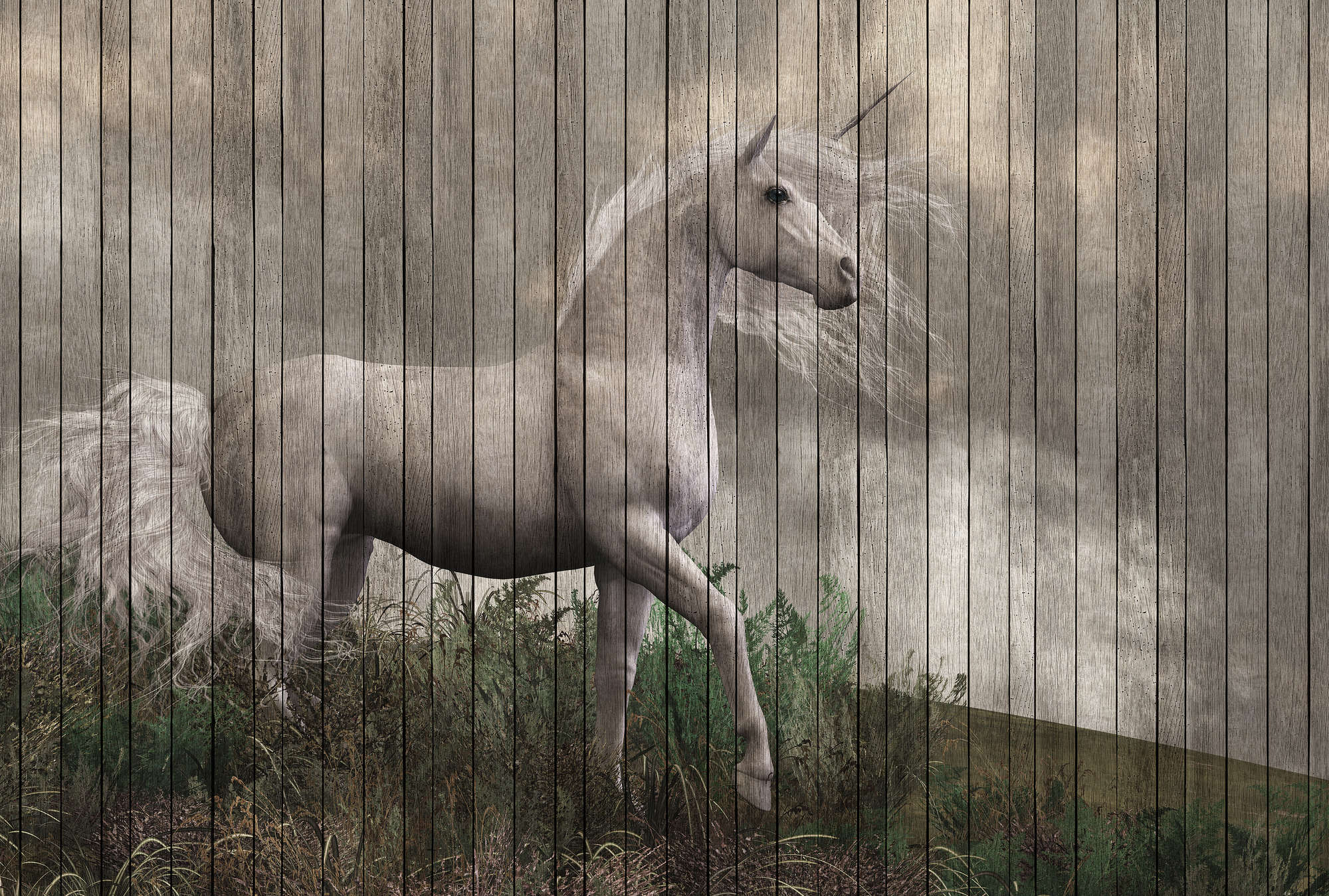             Fantasy 3 - Carta da parati con foto di unicorno con aspetto di tavola di legno - Beige, Marrone | Vello liscio opaco
        