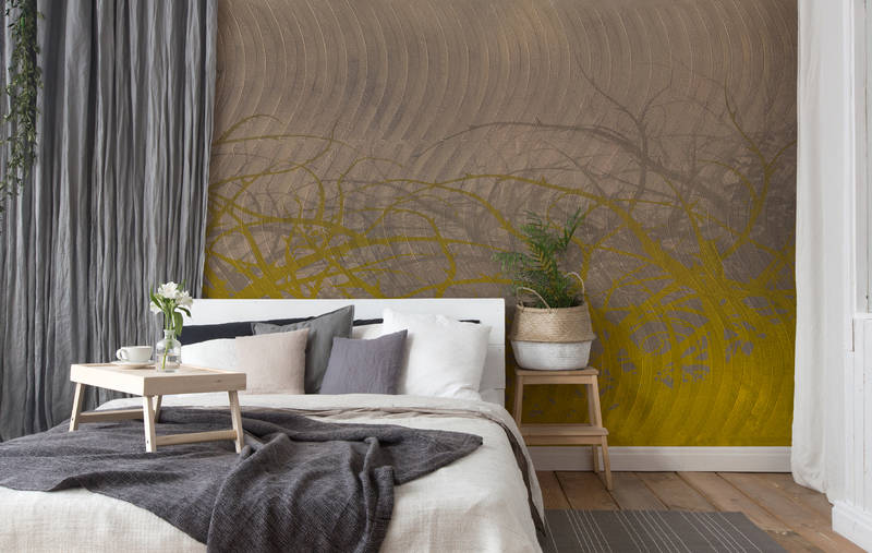             Papier peint branches & formes géométriques effet 3D - gris, jaune, marron
        