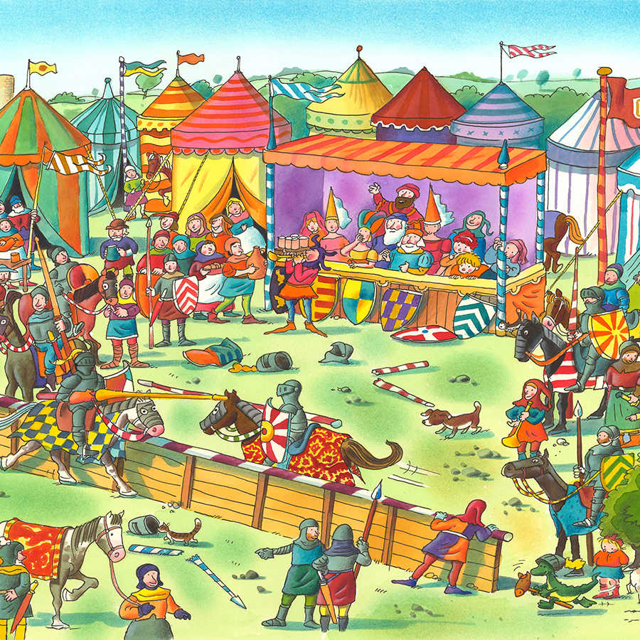 Papier peint panoramique enfants fête des chevaliers avec festival bleu et jaune sur intissé nacré lisse
