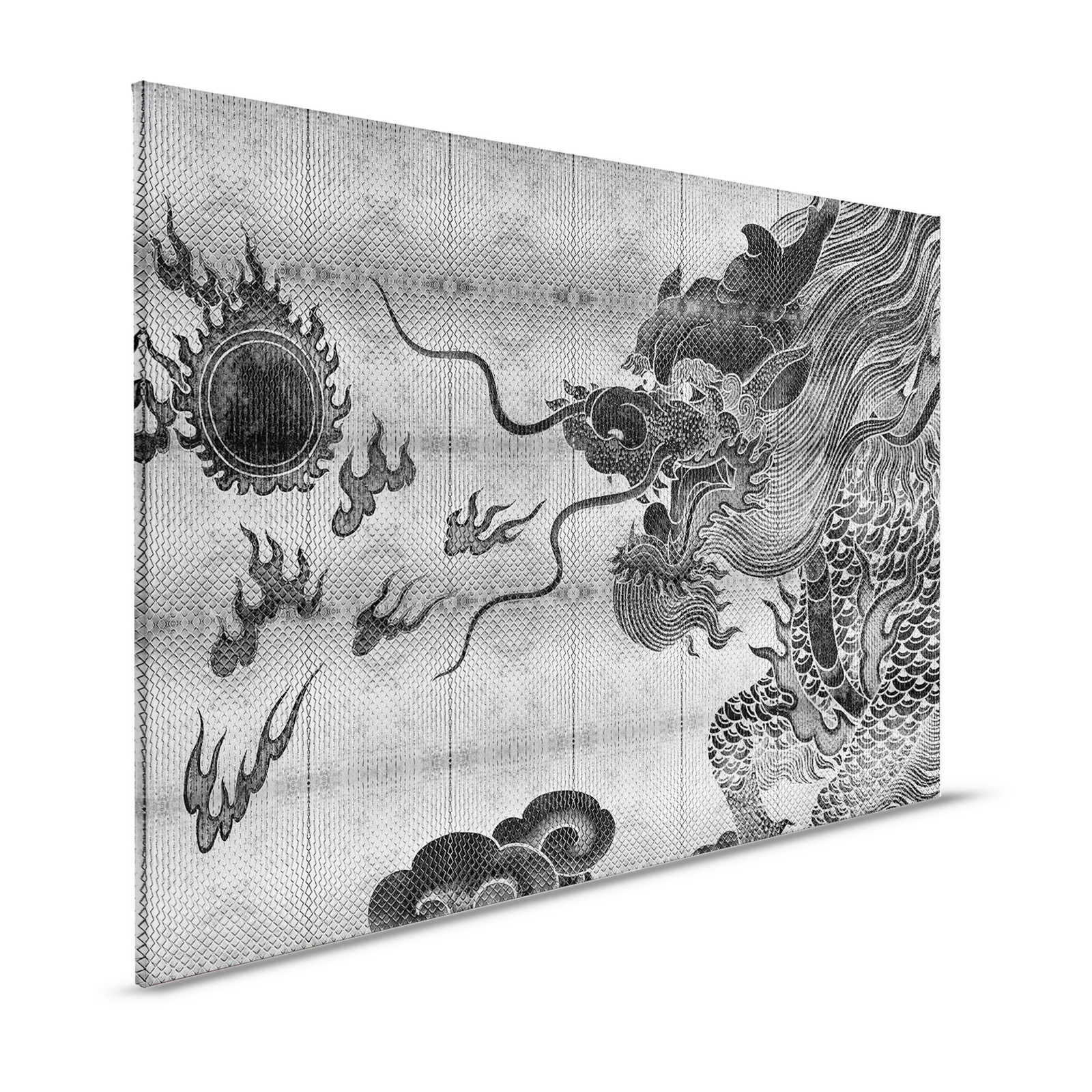 Shenzen 3 - Pittura su tela con drago in stile asiatico argento metallizzato - 1,20 m x 0,80 m
