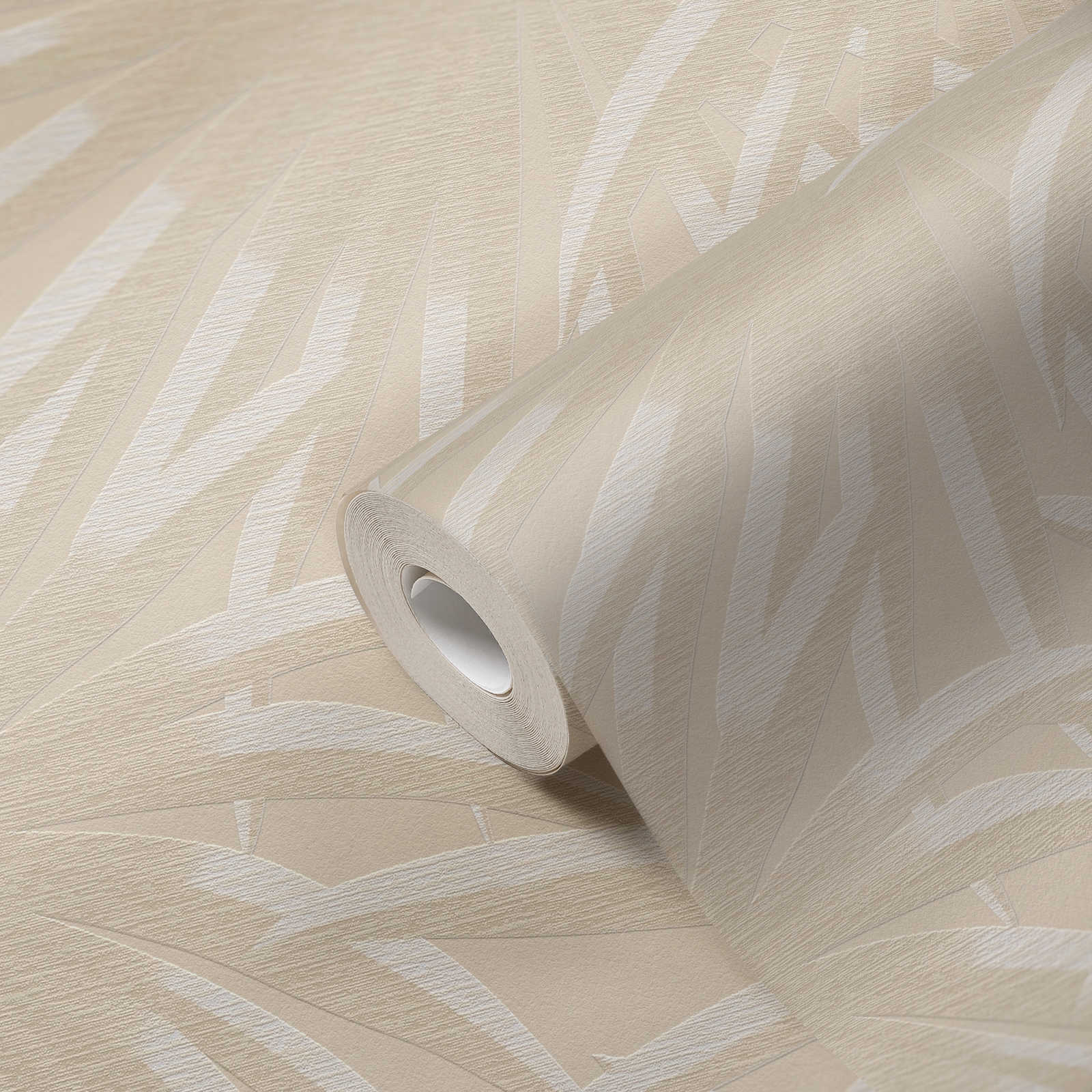             Floral non-woven wallpaper with palm leaves - beige, white
        