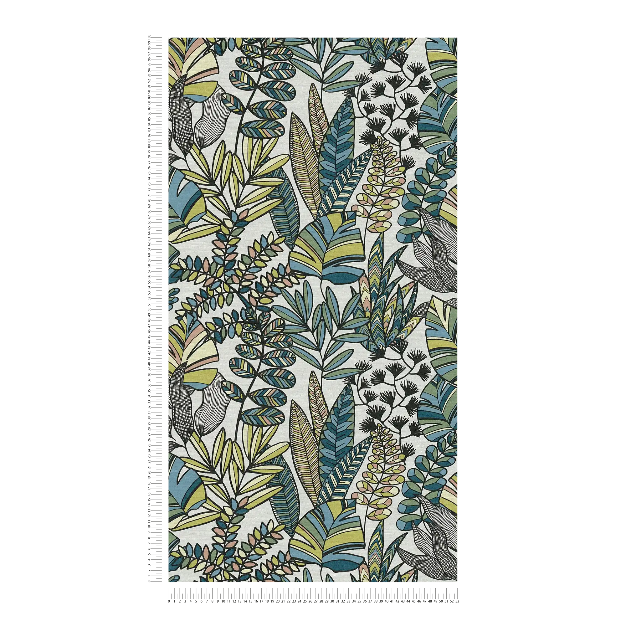             Non-woven wallpaper with large leaves in bold colours - white, black, blue
        