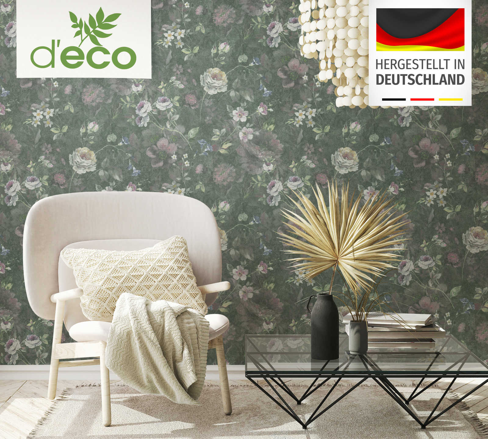             Non-woven wallpaper with painted floral pattern PVC-free - green, white, pink
        