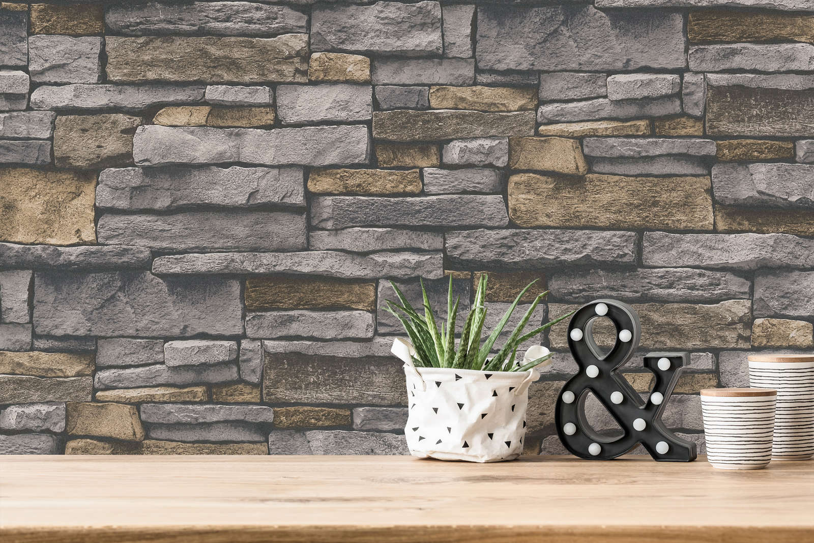             Non-woven wallpaper in stone look with natural stone wall - grey, beige
        