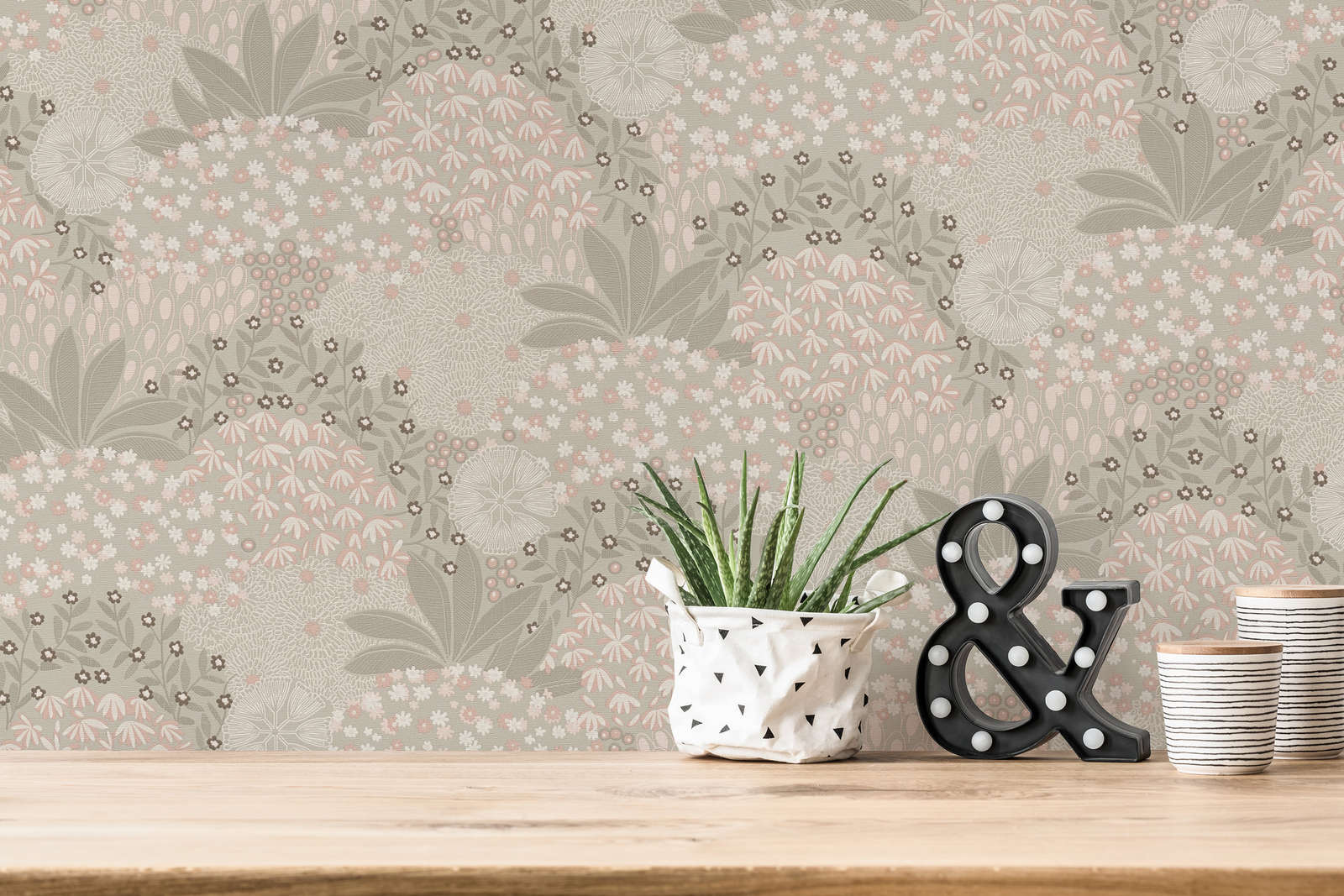             Vintage floral wallpaper with floral design - grey, pink
        