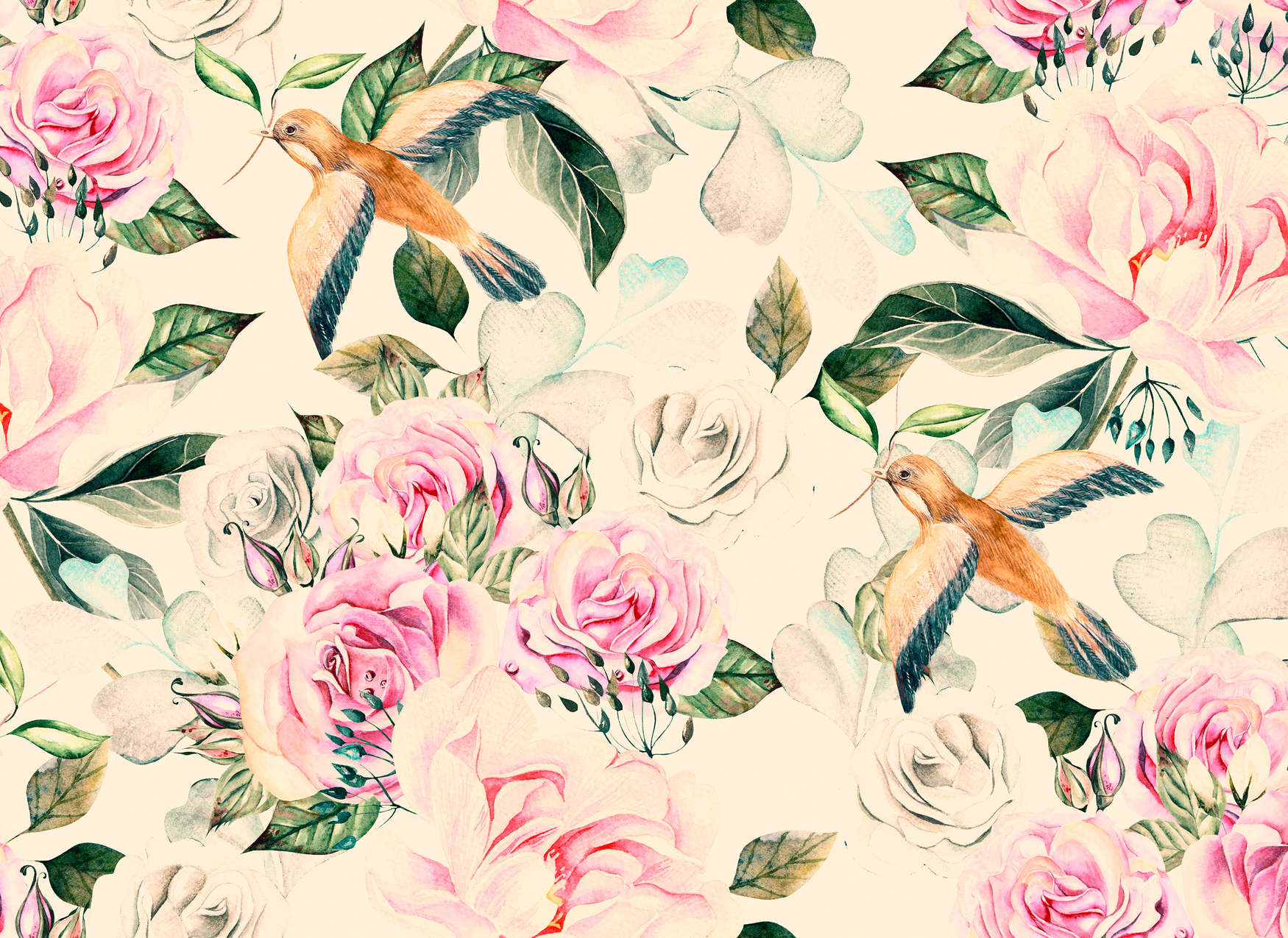             Vintage Style Playful Flowers and Birds - Cream, Pink, Green
        
