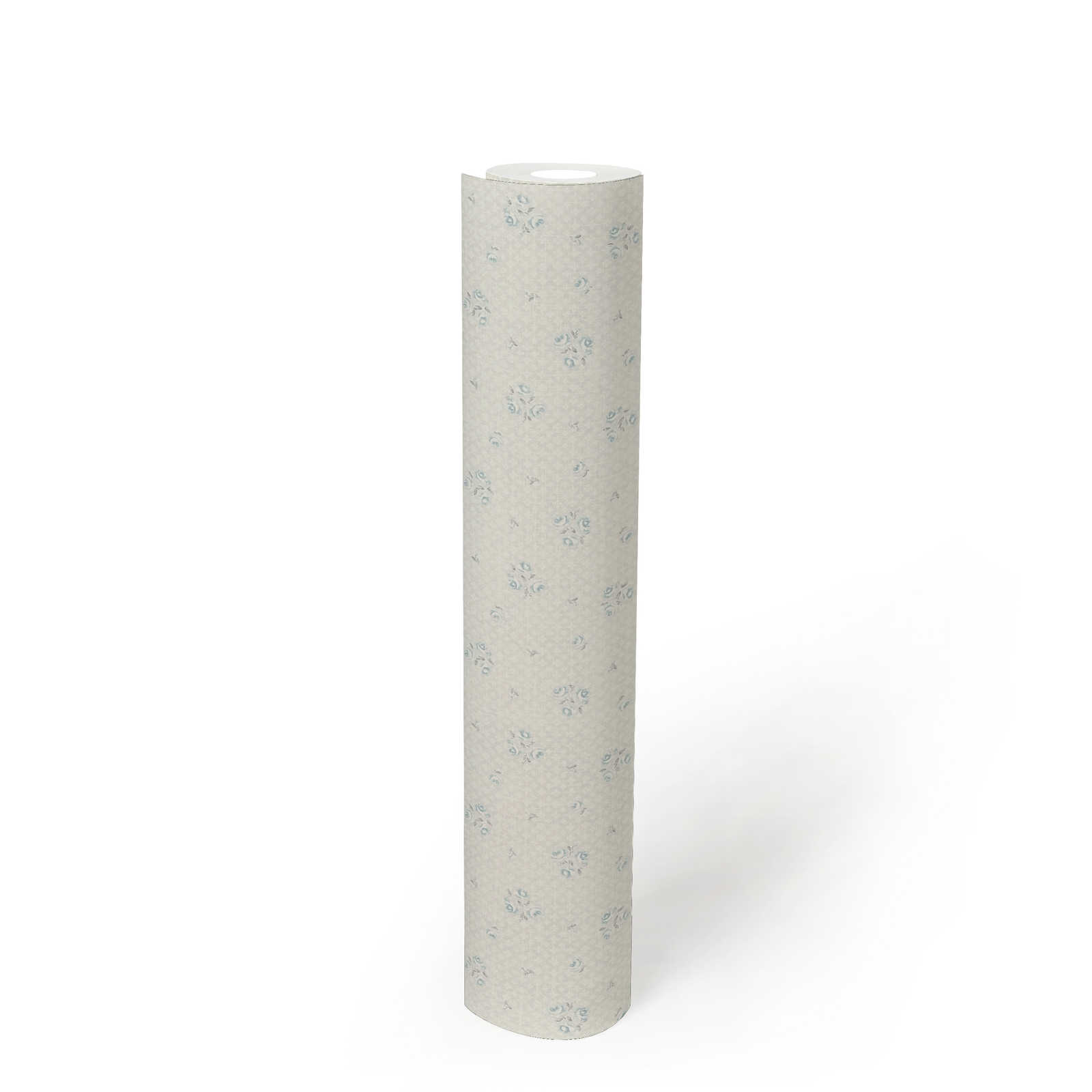             Country house wallpaper with floral pattern in Shabby Chic style - light grey, blue, white
        