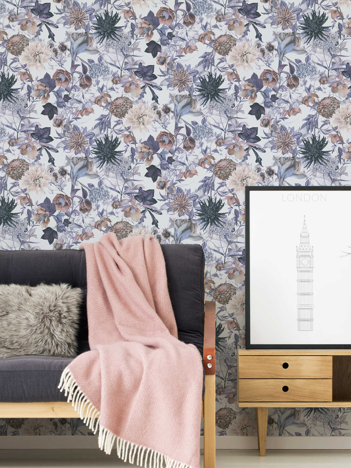             Floral wallpaper with floral pattern - blue, brown, grey
        
