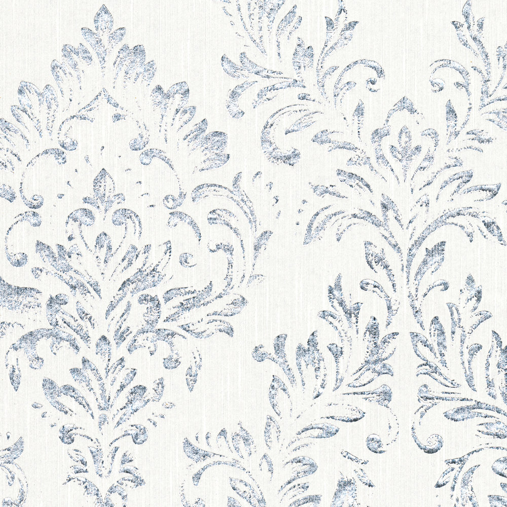             Papier peint ornemental dans un design floral avec effet scintillant - argent, blanc
        