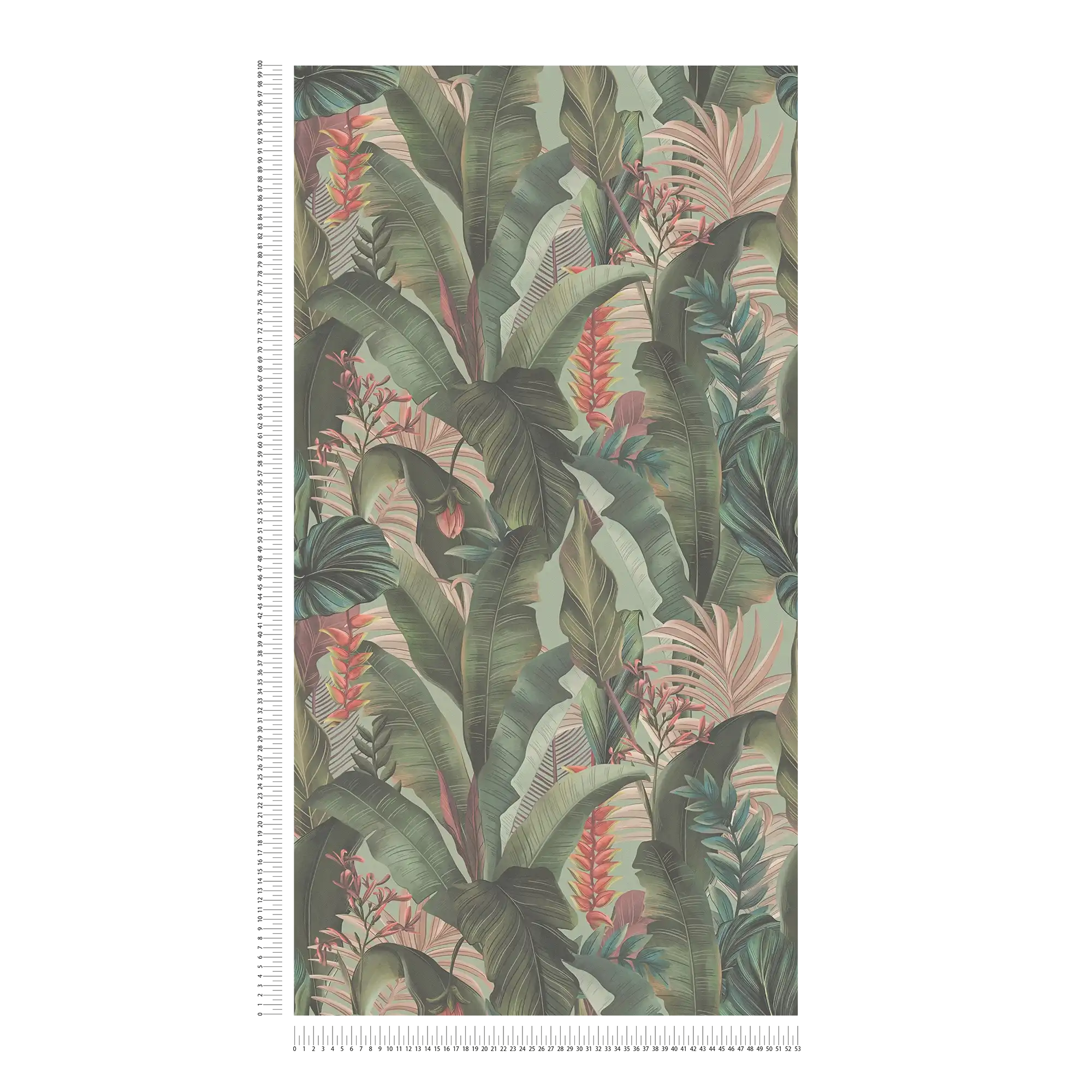             Floral jungle wallpaper with palm leaves & flowers textured matt - green, pink, red
        