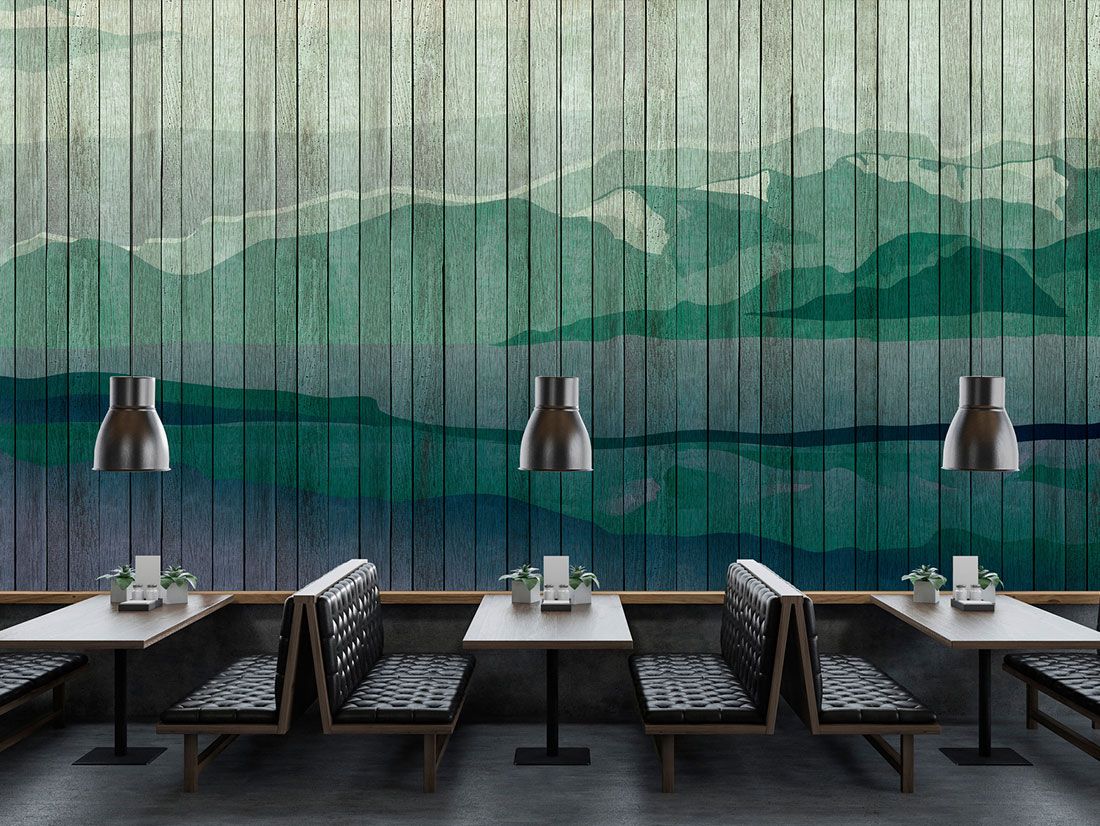 Mountain mural with wooden boards