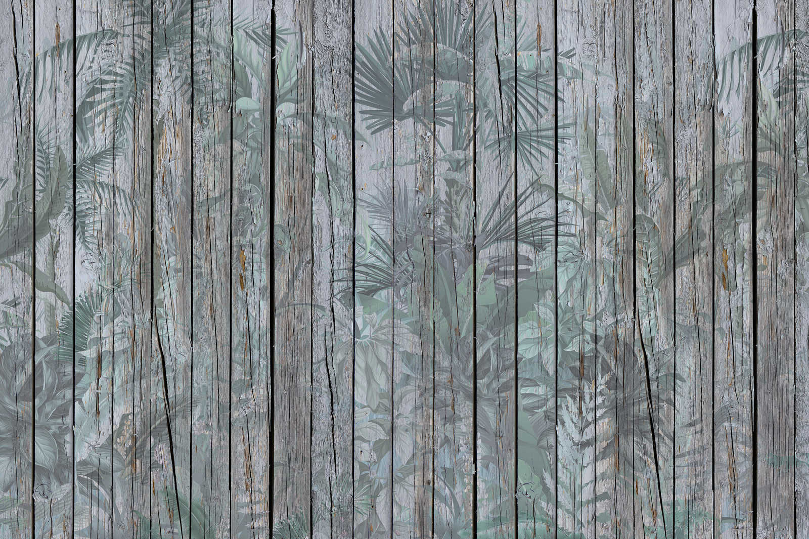             Pintura en lienzo Pared de madera con plantas selváticas - 0,90 m x 0,60 m
        