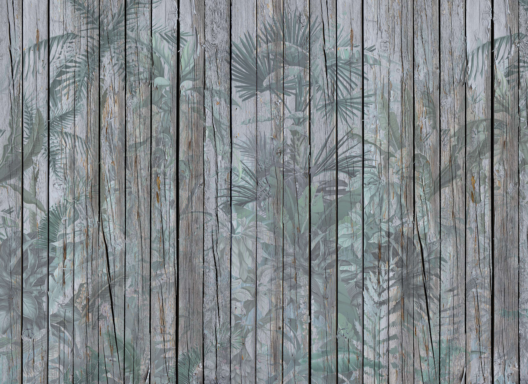             Wooden Wall Mural with Jungle Plants - Brown, Green
        