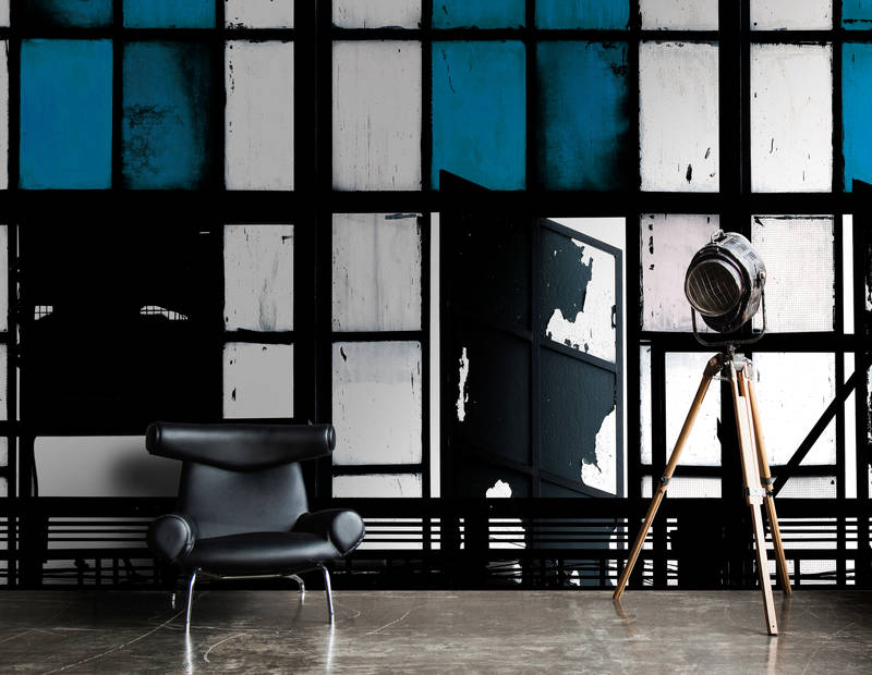            Bronx 3 - Fotomural, Loft con vidrieras - Azul, Negro | Vellón liso premium
        