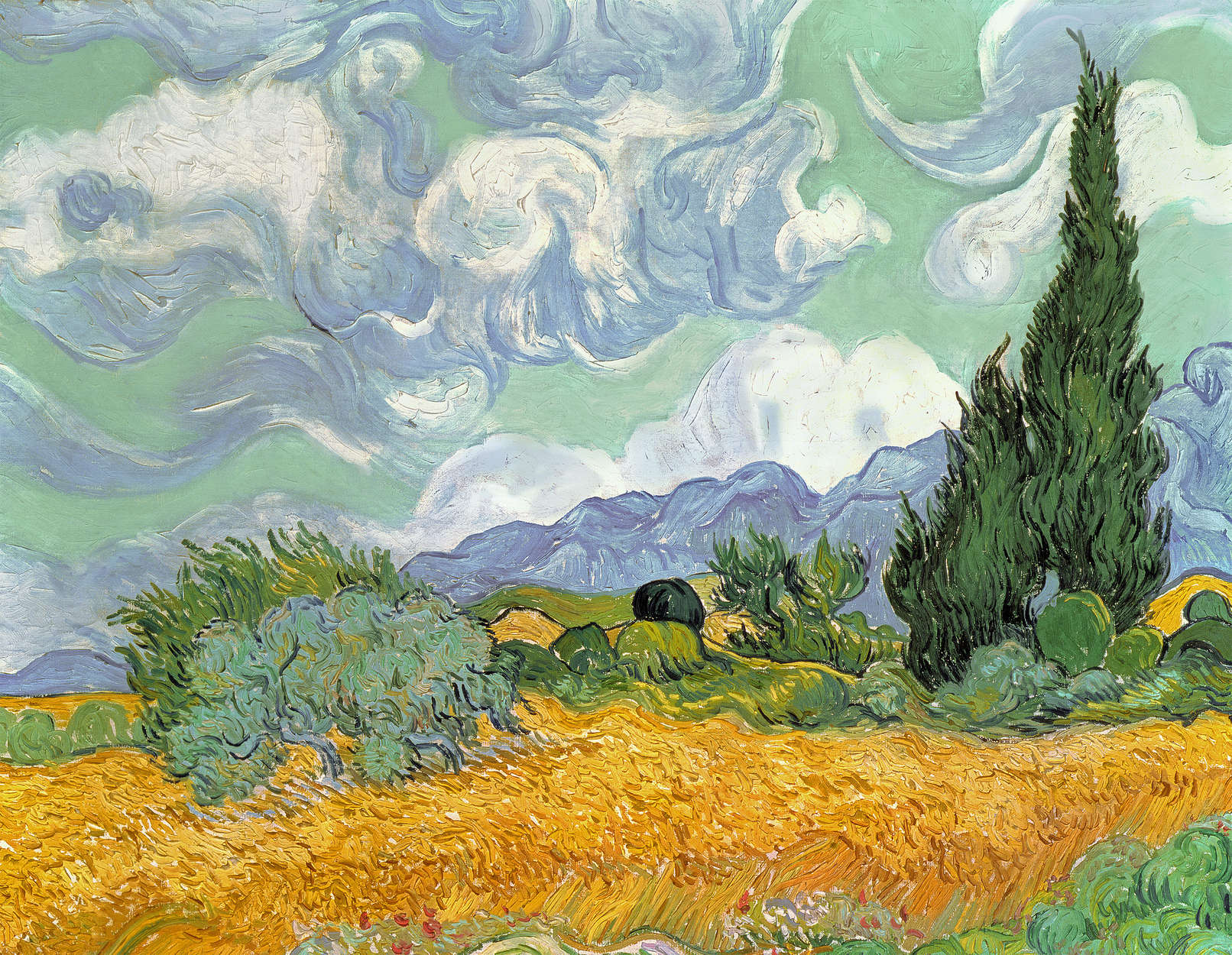             Korenveld met cypressen" muurschildering van Vincent van Gogh
        