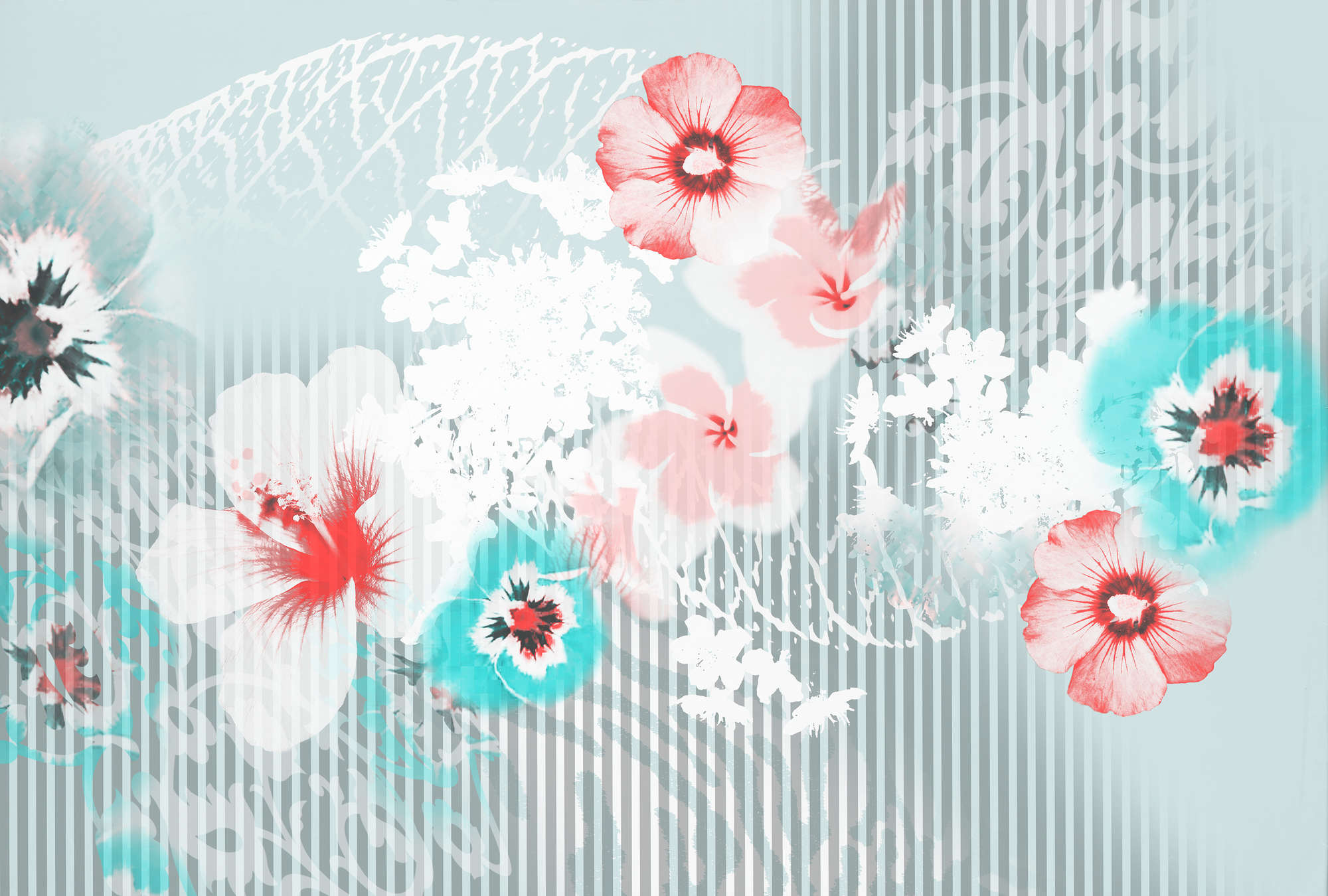             Photo wallpaper floral design, graphic & natural - blue, grey, pink
        