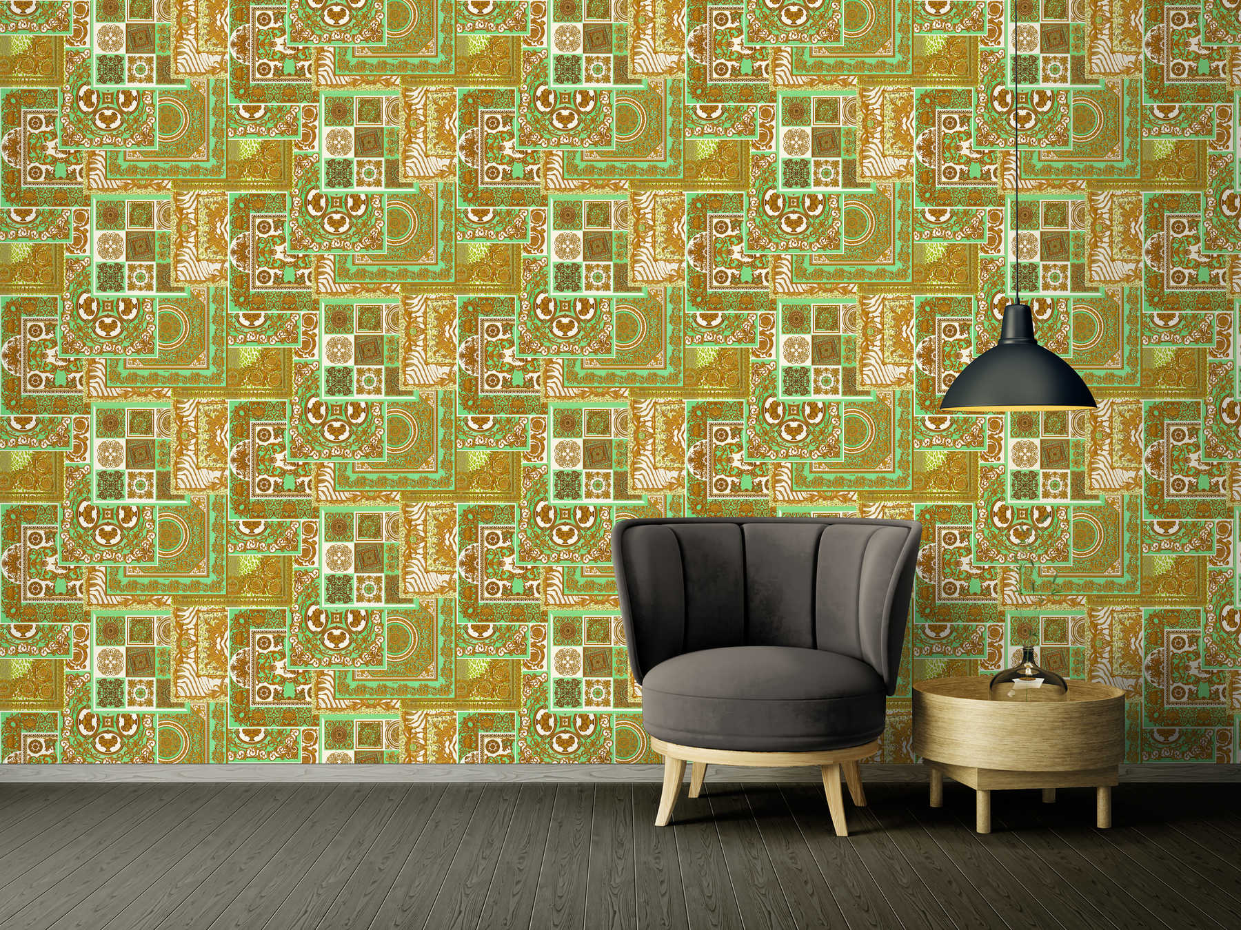             VERSACE Home wallpaper baroque details & animal print - gold, green, brown
        