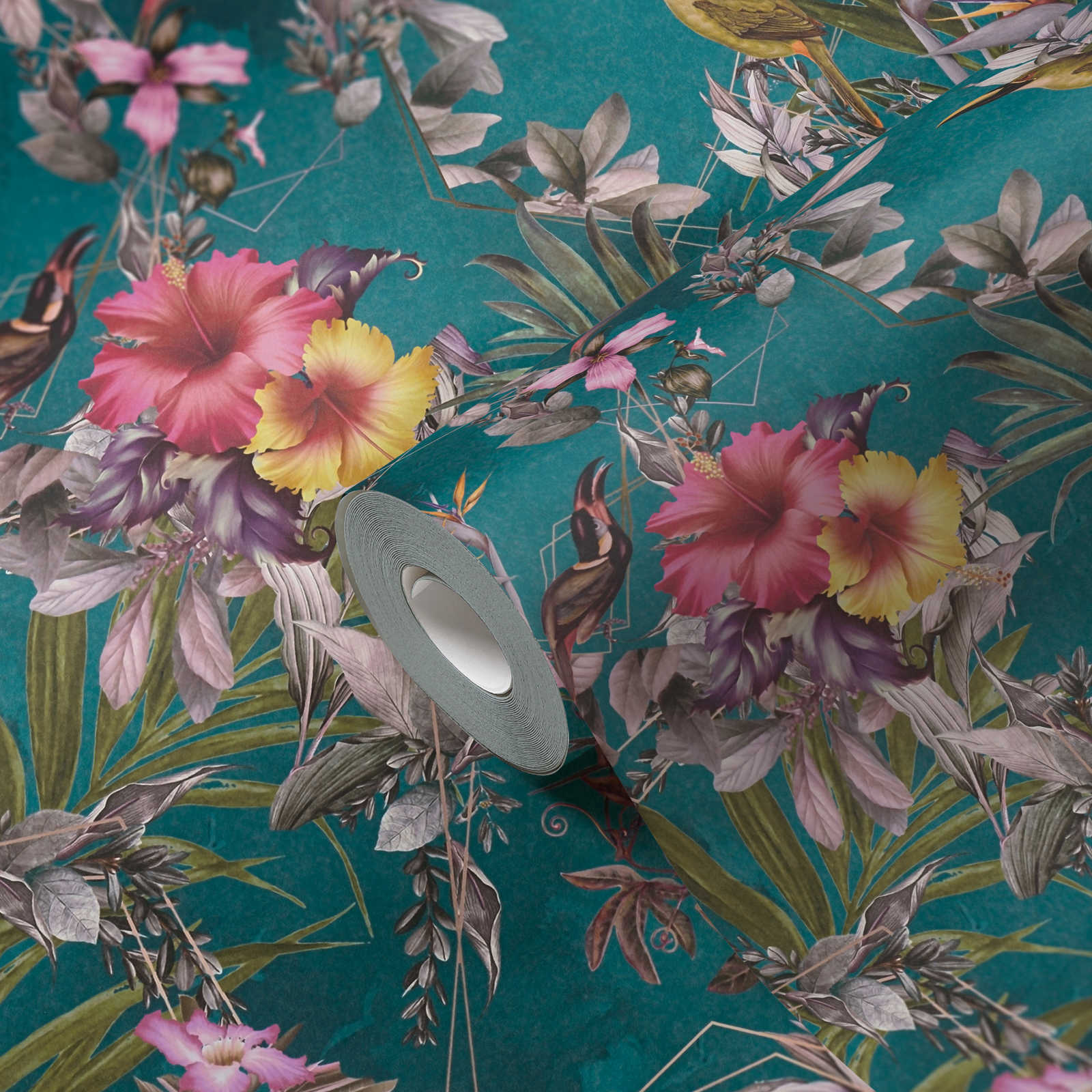            Jungle wallpaper tropical flowers & birds - turquoise, green, colourful
        