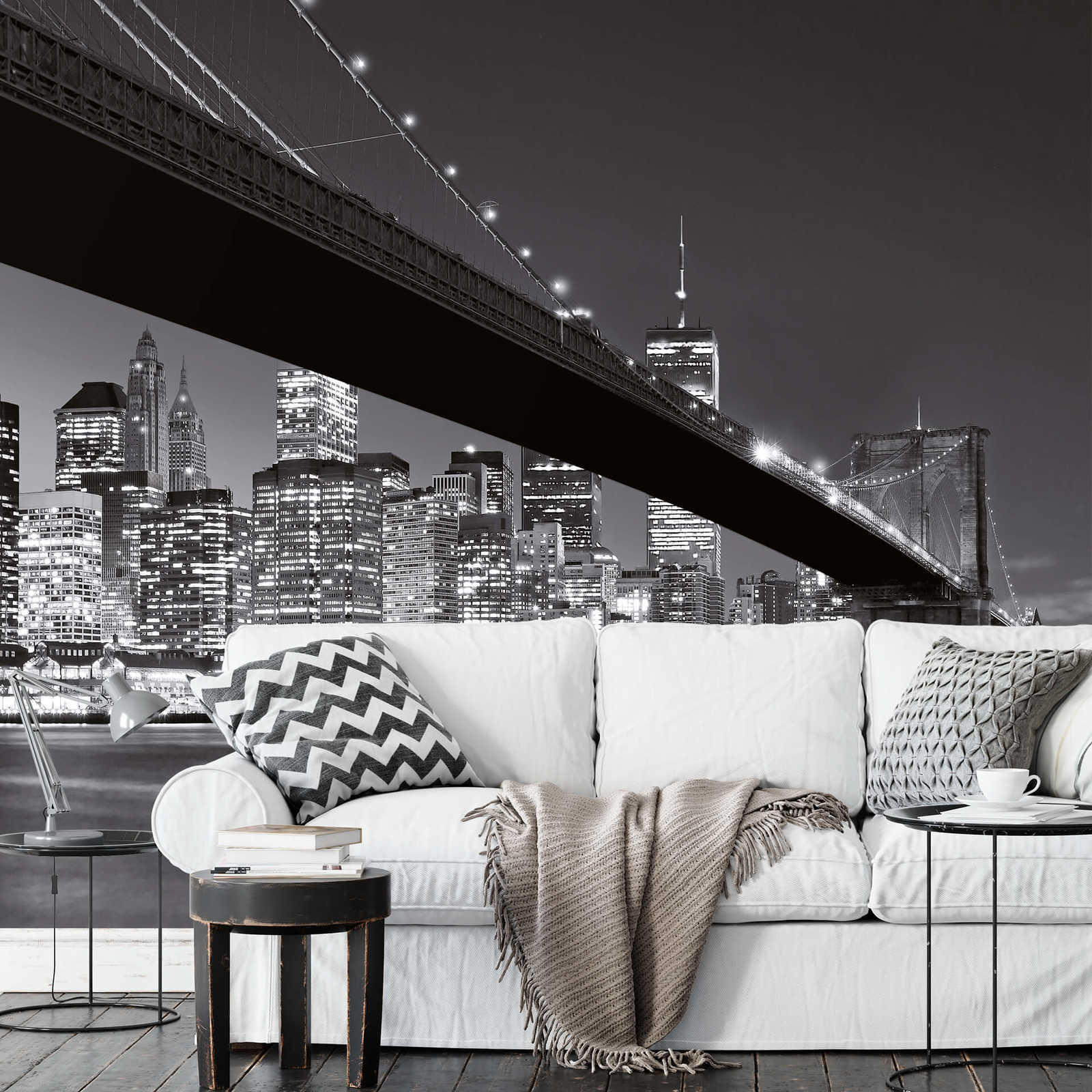             Brooklyn Bridge New York mural in black and white
        