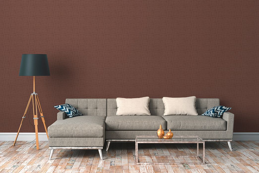 Living room with brown-red pattern wallpaper with 3D effect AS306493
