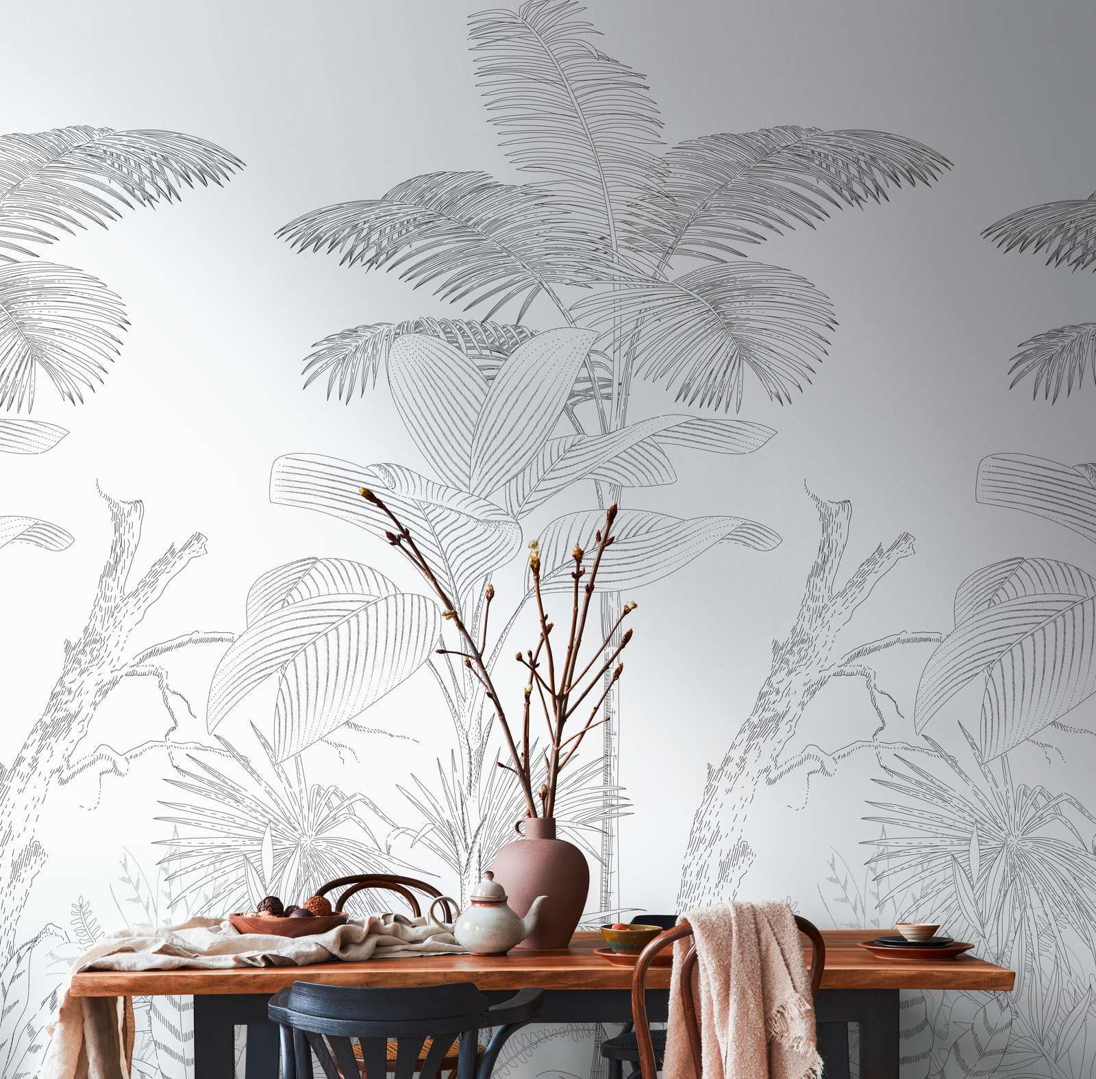             Non-woven wallpaper with drawn jungle motif - black, white
        