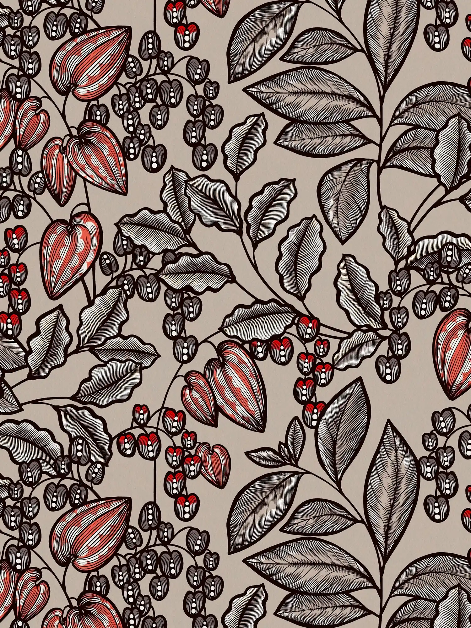 Papel pintado gris diseño moderno de flores y hojas - marrón, gris, rojo
