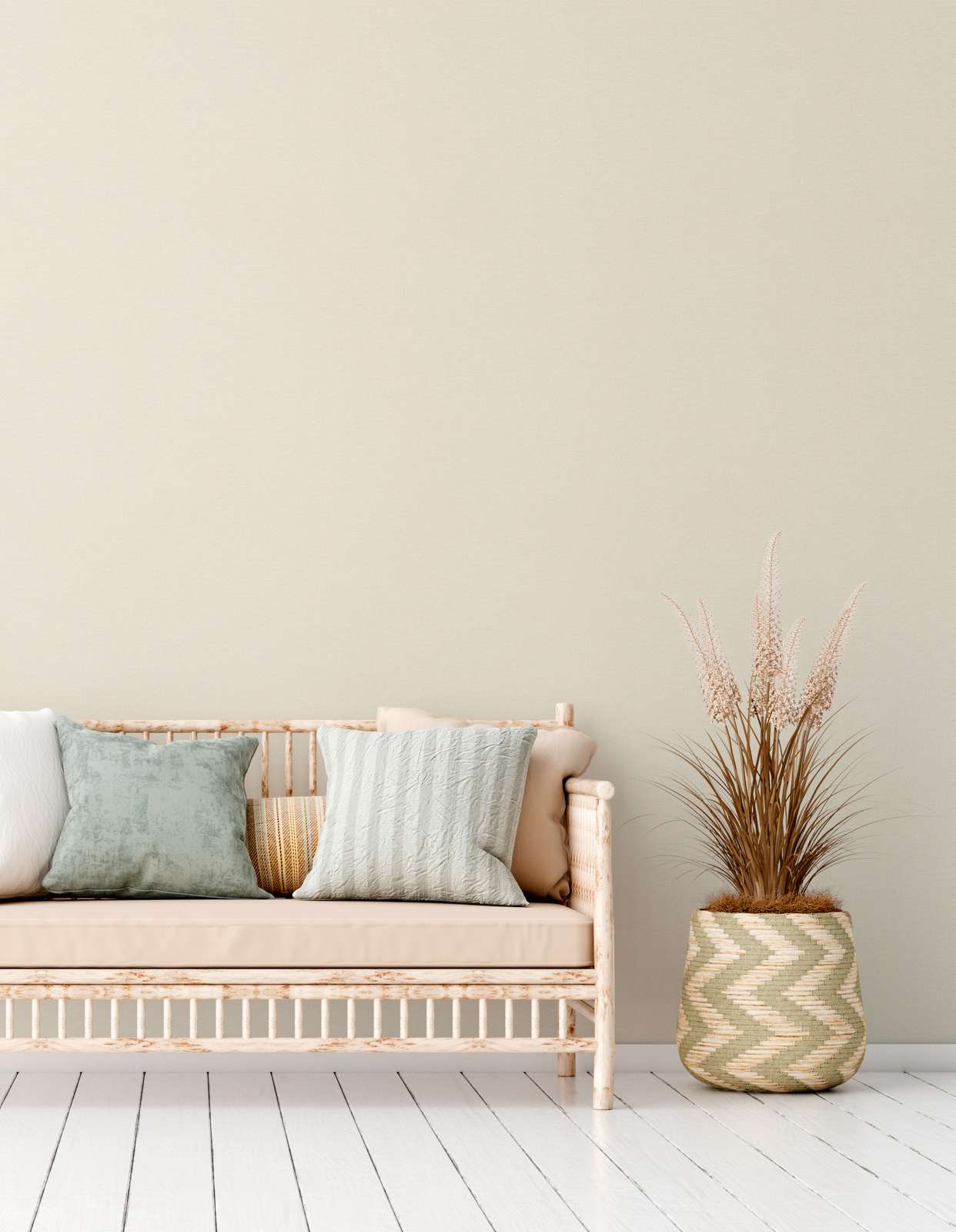             PVC-free plain wallpaper with linen look - beige, white
        