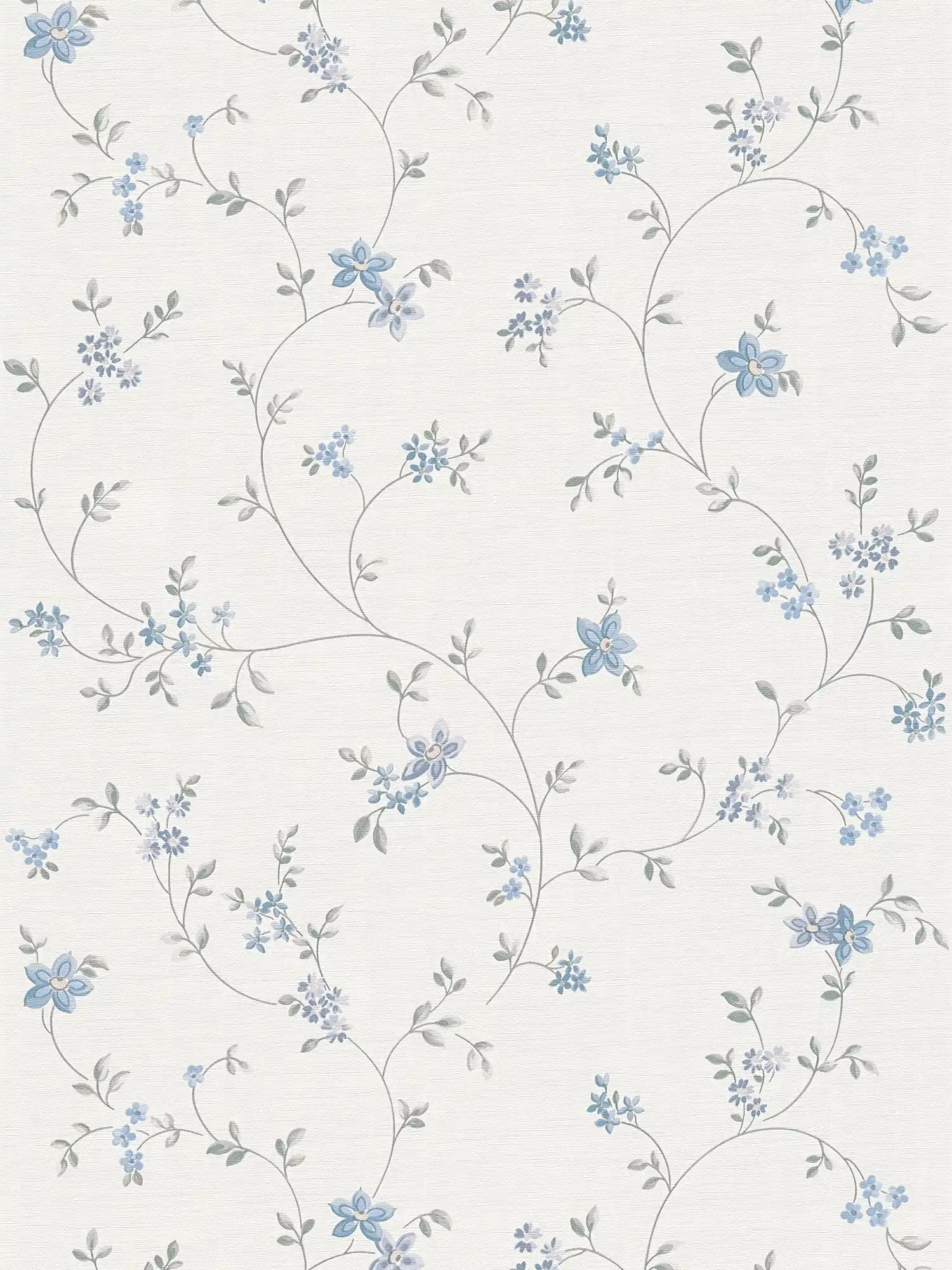 Papel pintado no tejido con vides florales en estilo campestre - crema, gris, azul
