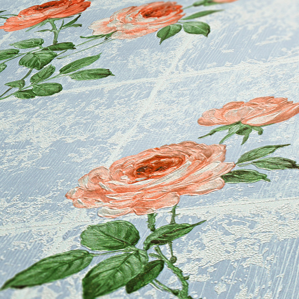             Papel pintado con aspecto de baldosa en loco usado con vides de rosas - azul
        
