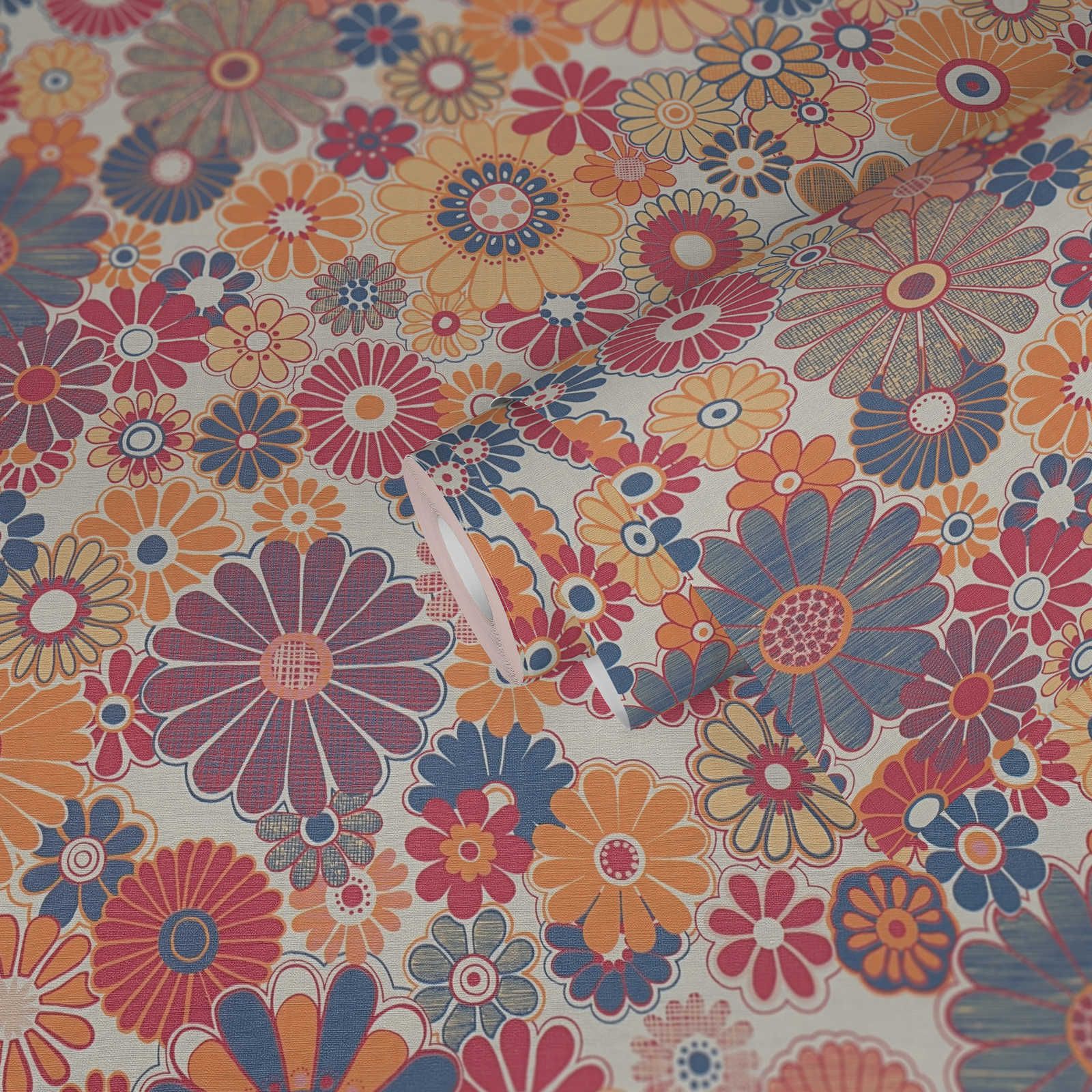             Retro non-woven wallpaper with floral pattern - red, blue, orange
        