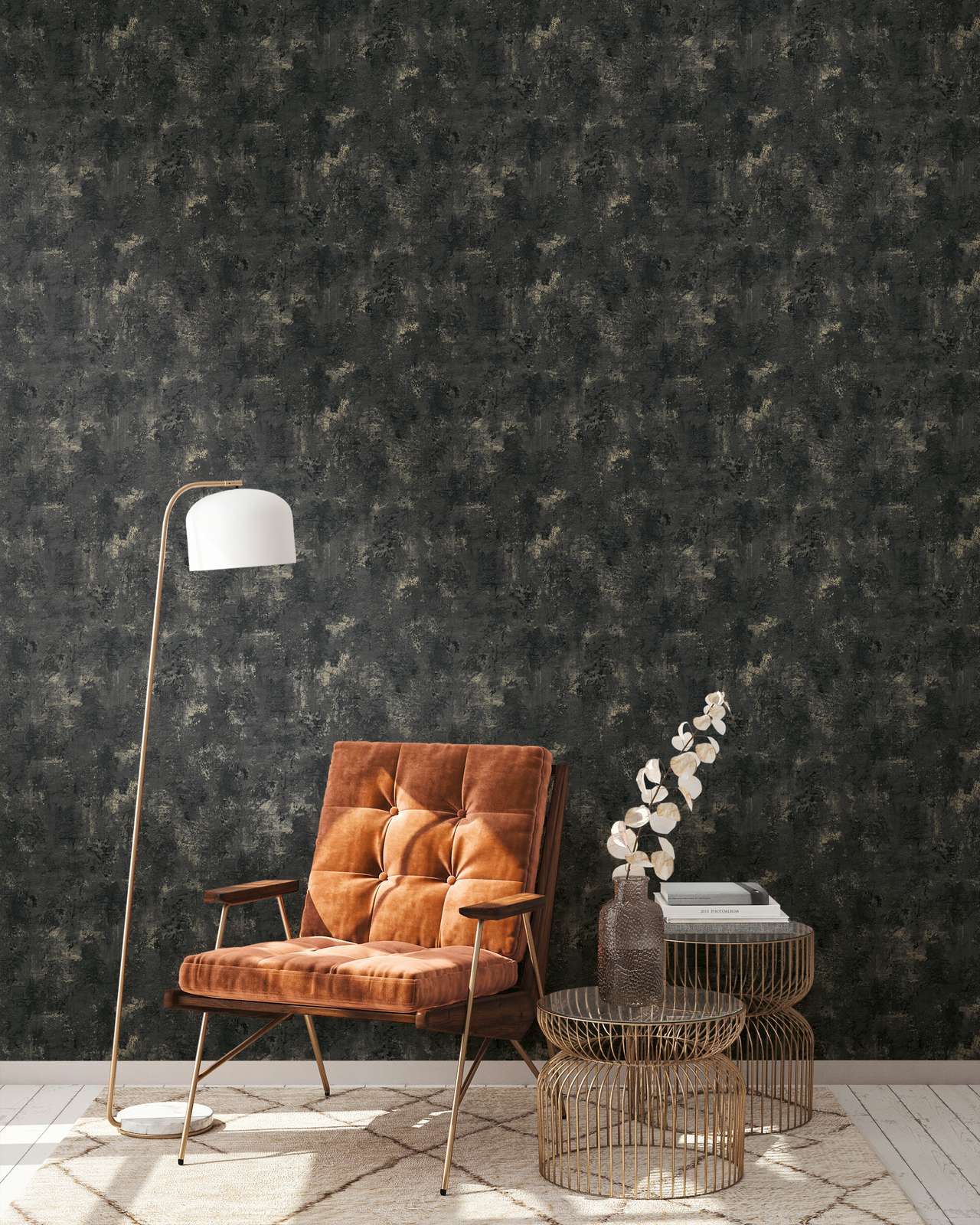             Black textured wallpaper with rustic concrete look
        