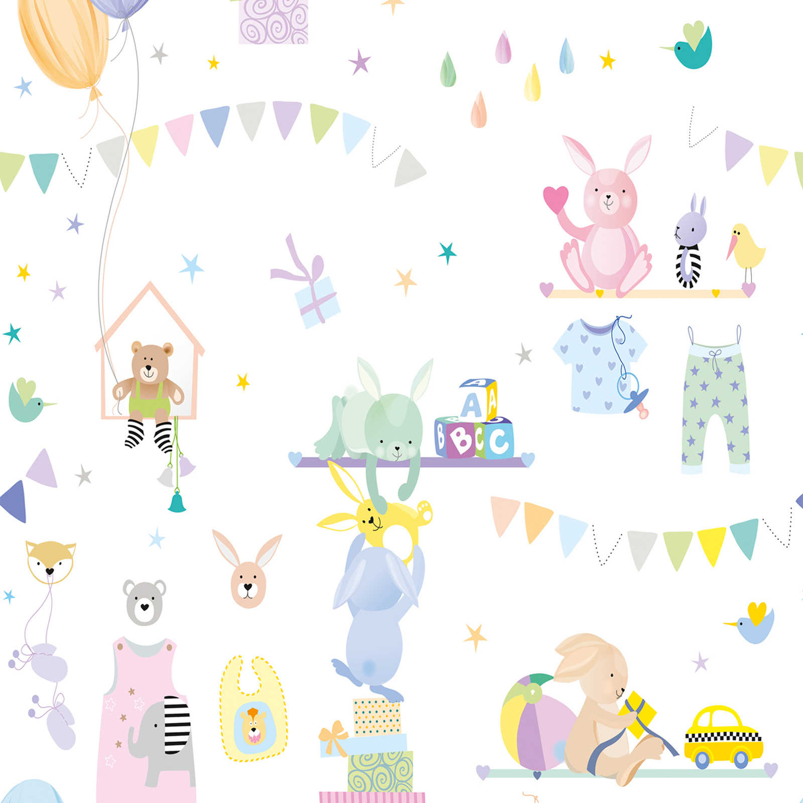 Onderlaag behang met kindermotief met dieren in pastelkleuren - kleurrijk, paars, roze
