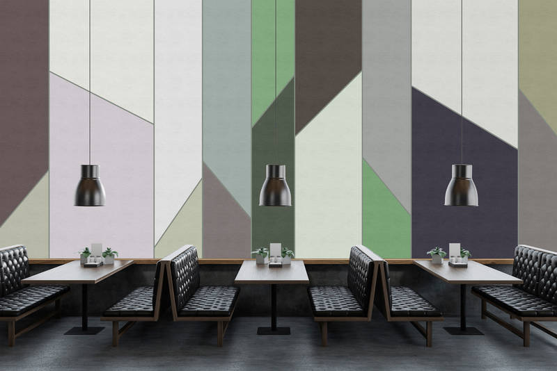             Geometry 3 - Striped wallpaper in ribbed structure with colourful retro design - Green, Purple | Pearl smooth non-woven
        