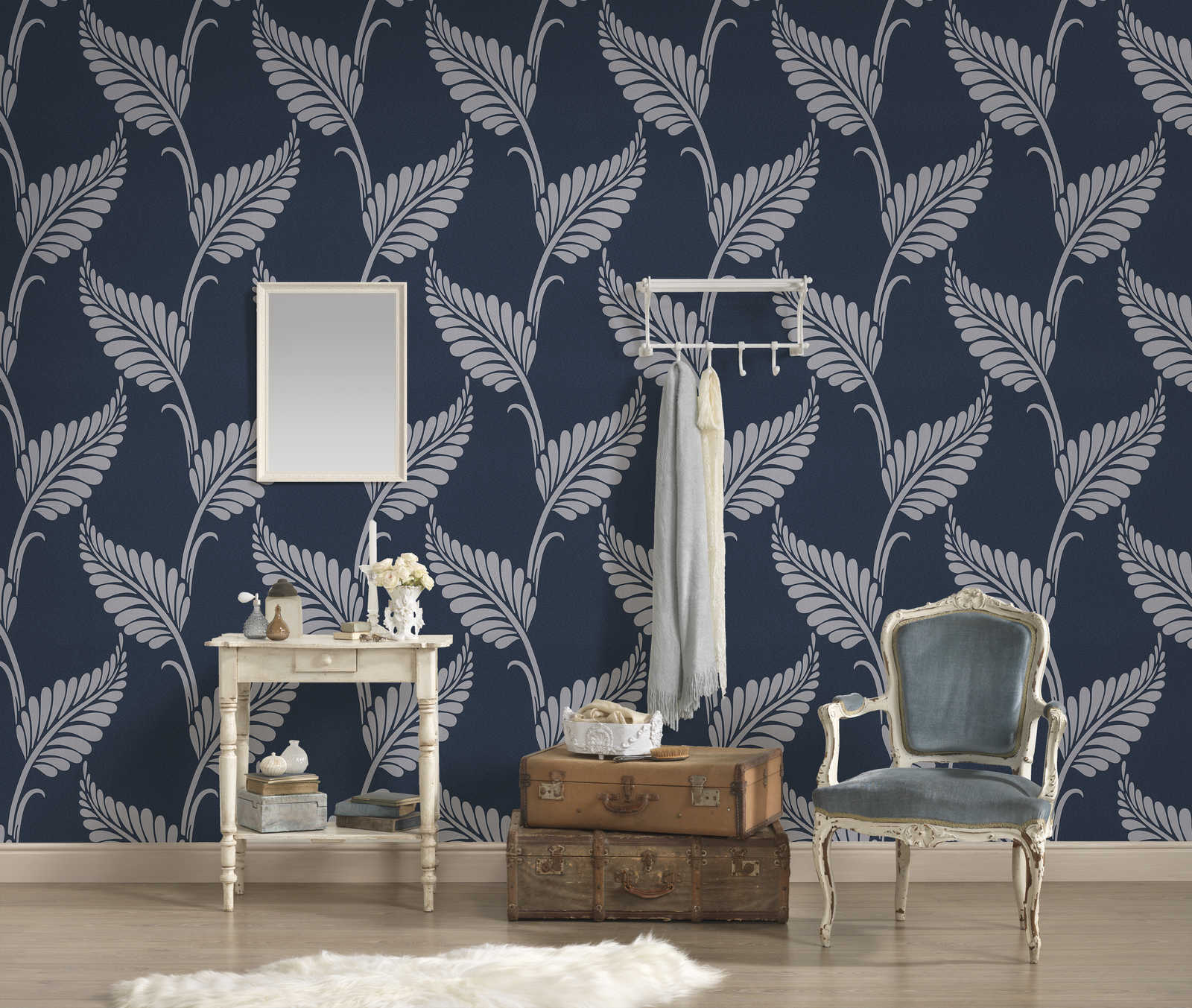             Floral paper wallpaper glossy with leaves - blue, silver
        