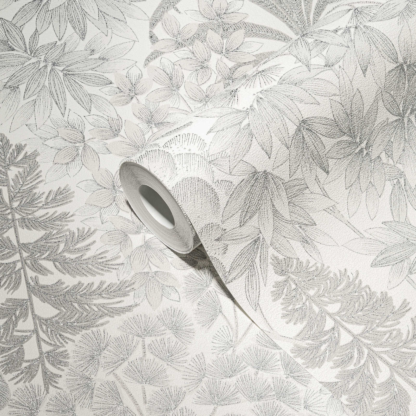             Carta da parati floreale leggermente lucida in un colore tenue - bianco, grigio, argento
        