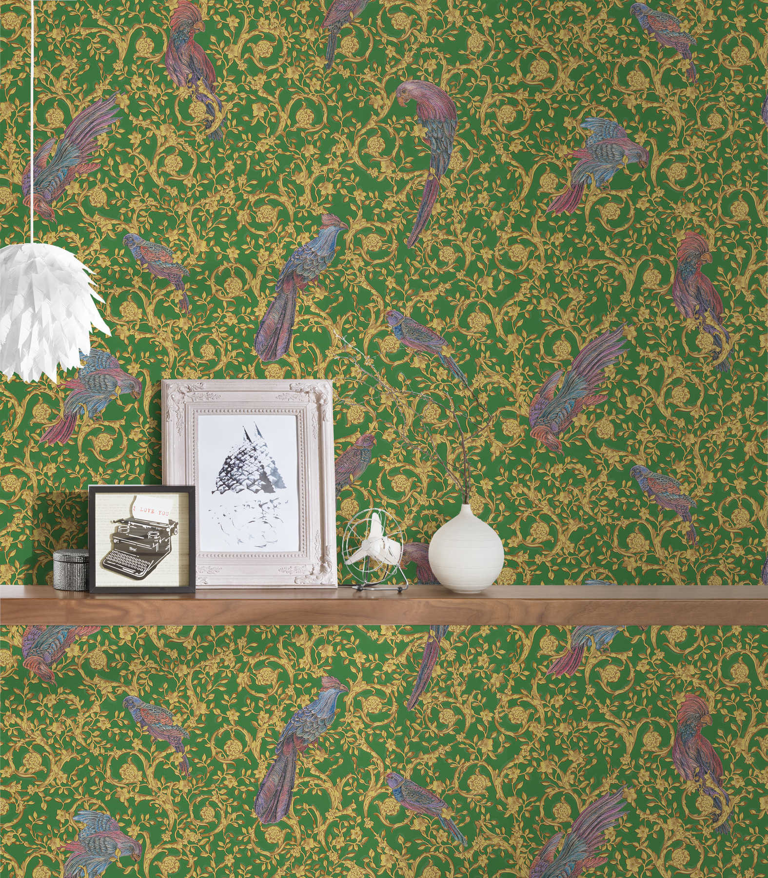             VERSACE Home papier peint oiseaux du paradis & accents dorés - or, vert, violet
        
