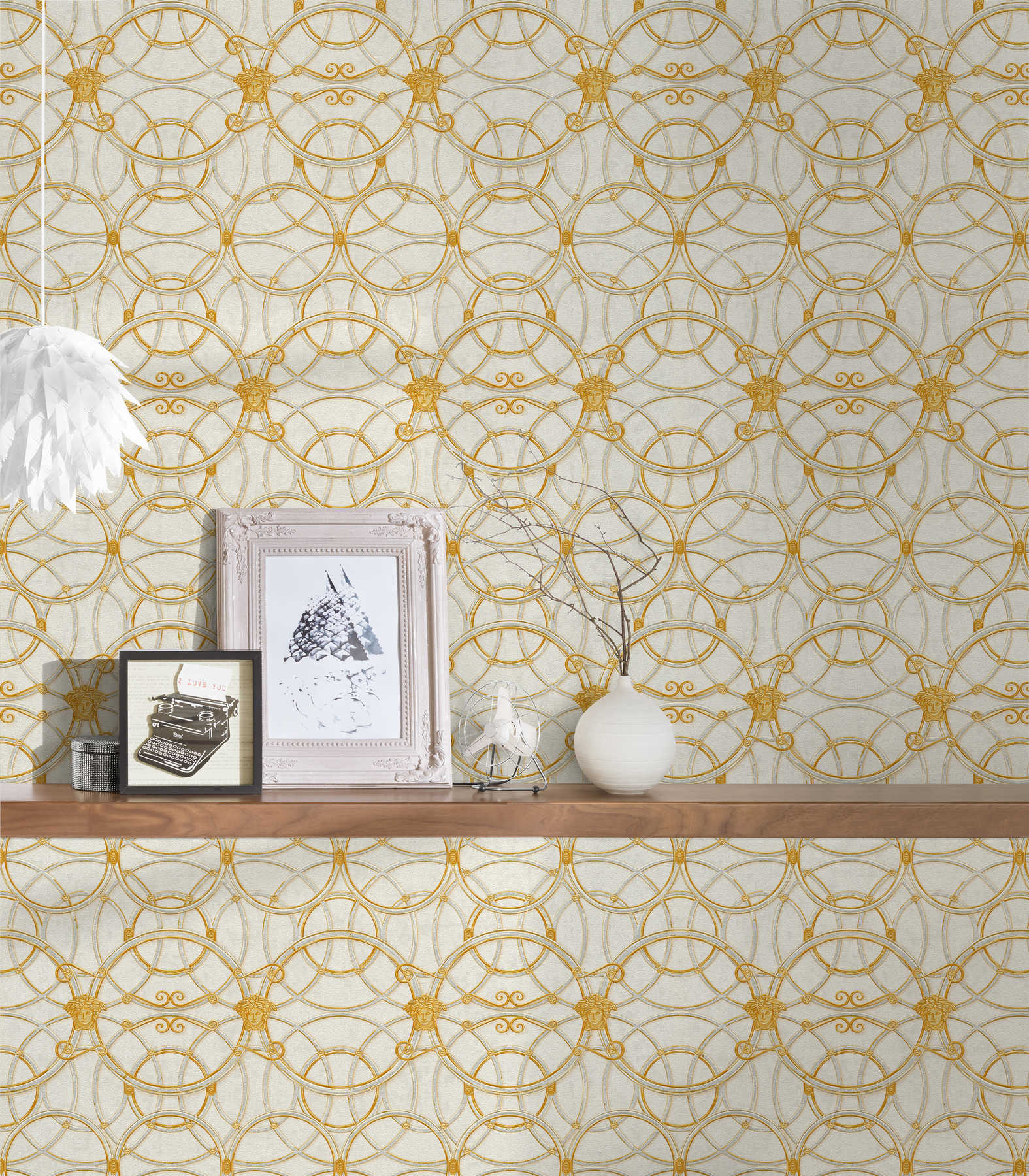             VERSACE Home behang cirkelpatroon en Medusa - goud, crème, wit
        