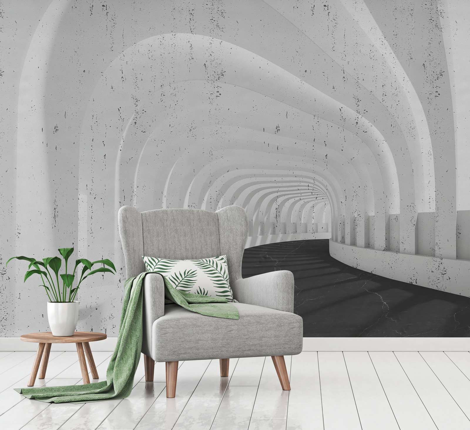 3D Concrete Tunnel Wallpaper with Arches - Grey, Black